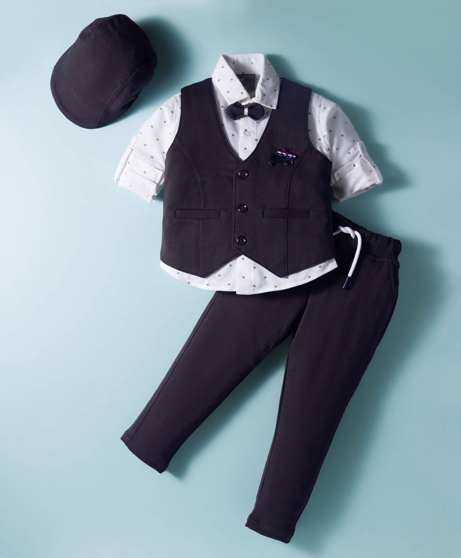Dapper Dudes Full Sleeves Cross Printed 3 Piece Party Suit Set With Bow & Cap Set - Black-picture-27