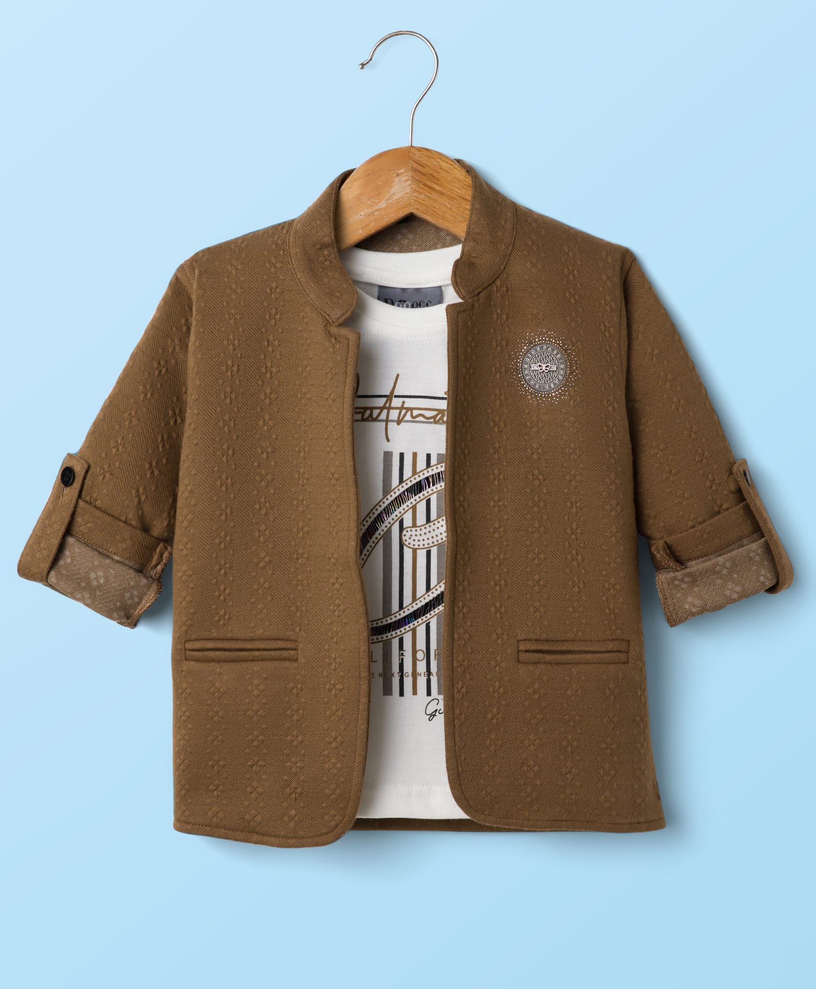 Dapper Dudes Full Sleeves Textured Blazer With Typography Printed Tee Set - Brown-image-18