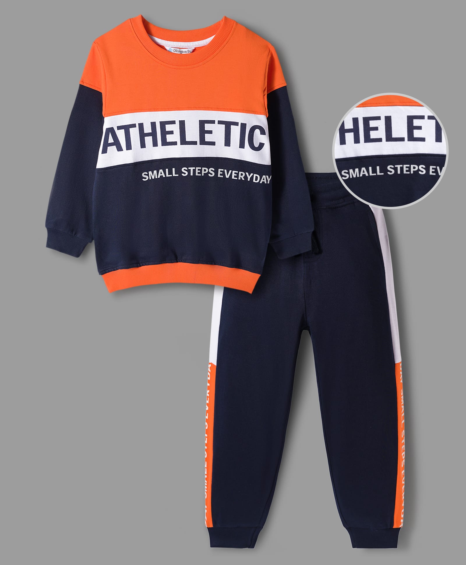 OLLINGTON ST. Cotton Knit Color Block Full Sleeves Sweatshirt & Knit Joggers - Navy & Orange-image-13