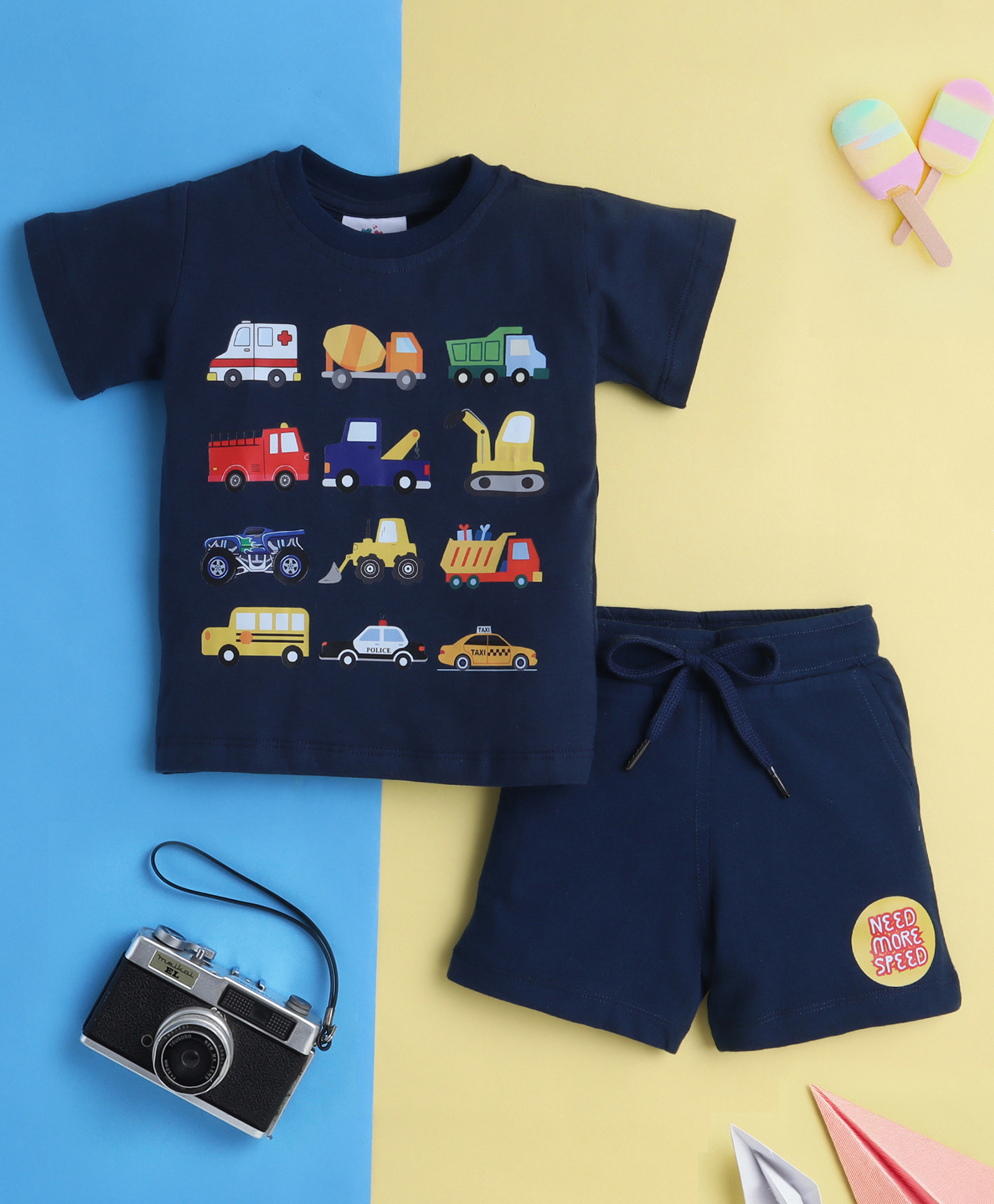 Knitting Doodles Pure Cotton Knit Half Sleeves Excavators Printed Tee & Shorts Set - Navy Blue-image-34