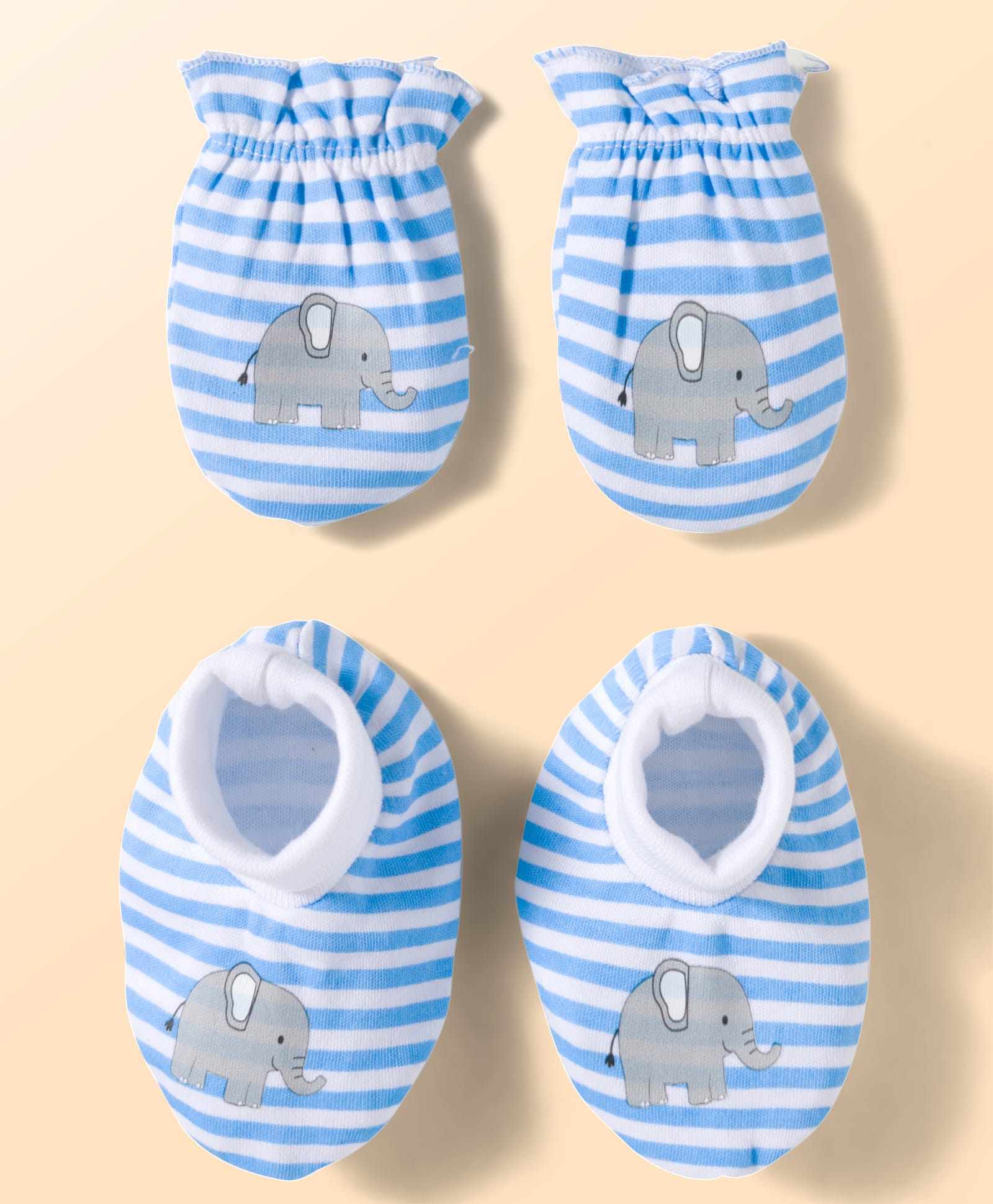 Babyhug 100% Cotton Knit Mittens and Bootie Set with Stripes & Animal Print - White & Blue-image-15