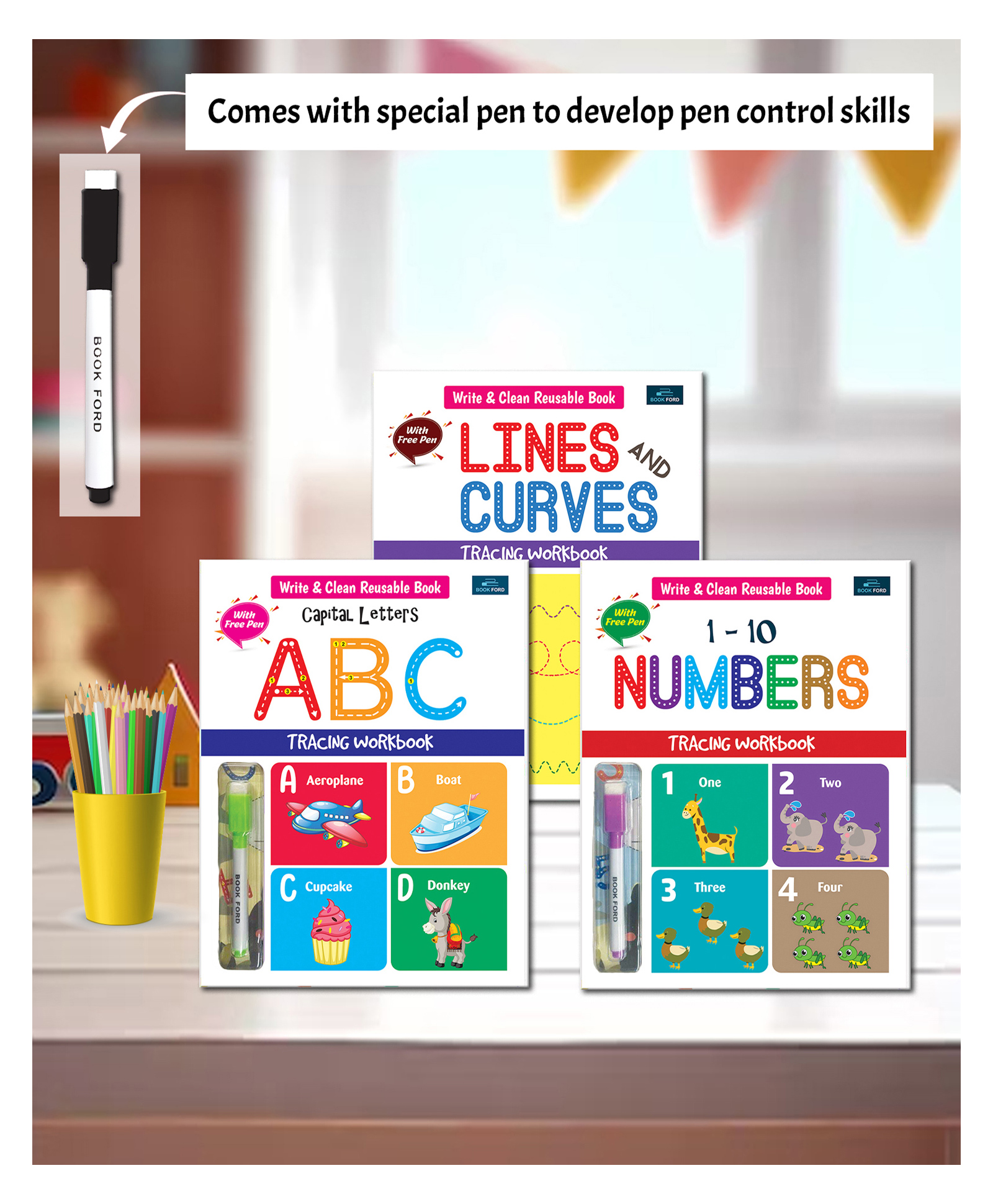 BookFord Publications Write & Clean Reusable Book Set of 3 Alphabet Capital Letters Numbers and Lines & Curves - English-picture-29