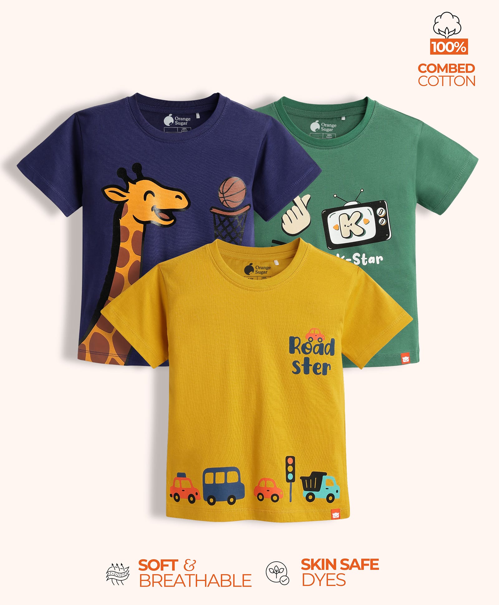 Orange Sugar 100% Cotton Knit Pack Of 3 Half Sleeves Giraffe & Cars Printed Tees - Multi Colour-image-37