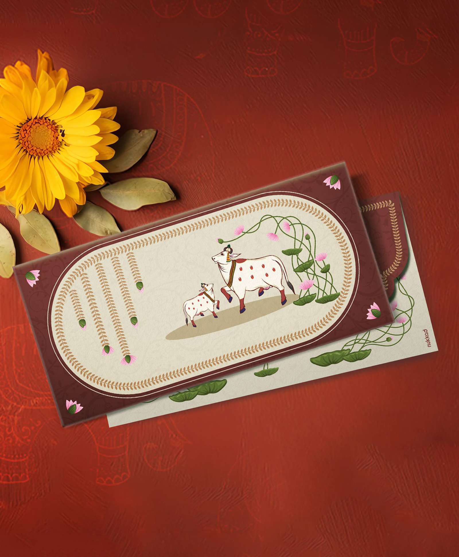 QIPS | NUKKAD Premium Shagun Envelopes Cow & Calf with Lotus Print with Foil Detailing Pack of 10 pcs