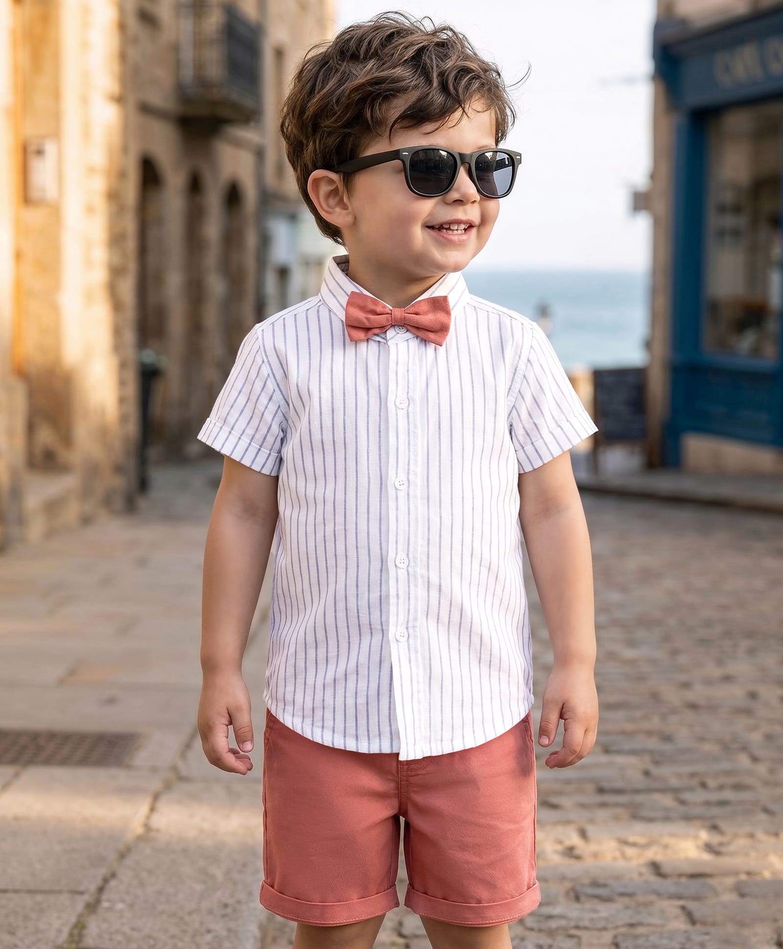 Babyhug Cotton Woven Half Sleeves Shirt & Shorts Set with Bow & Stripes - Rose Gold & White-picture-10