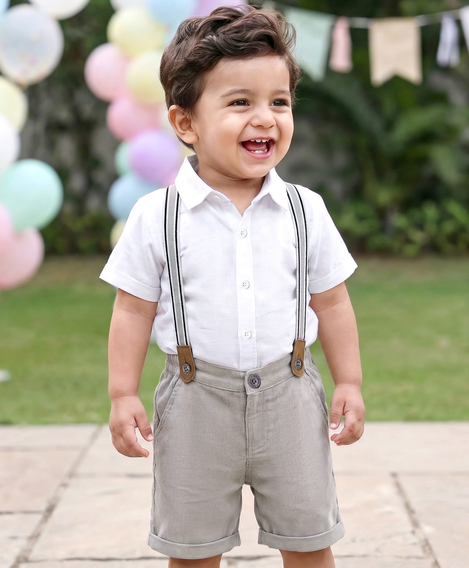 Babyhug Cotton Woven Half Sleeves Solid Color Shirt and Shorts Set with Suspender - White & Grey-picture-24