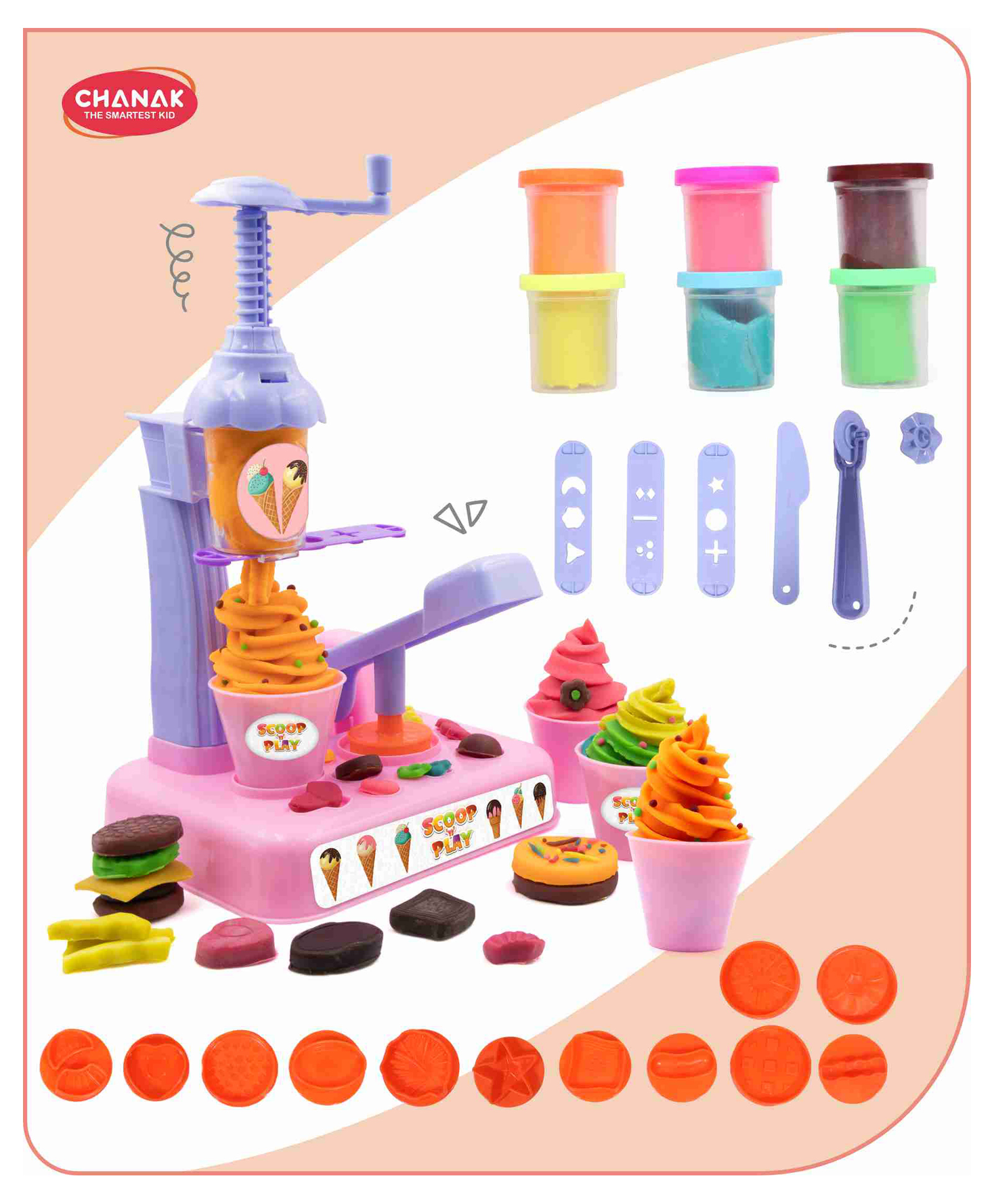 Aditi Toys Play Dough Ice Cream Maker Set, Safe Non-Toxic Dough Kitchen Ice Cream Maker Including 6 Color Dough Tubes Each 50g - Multicolor