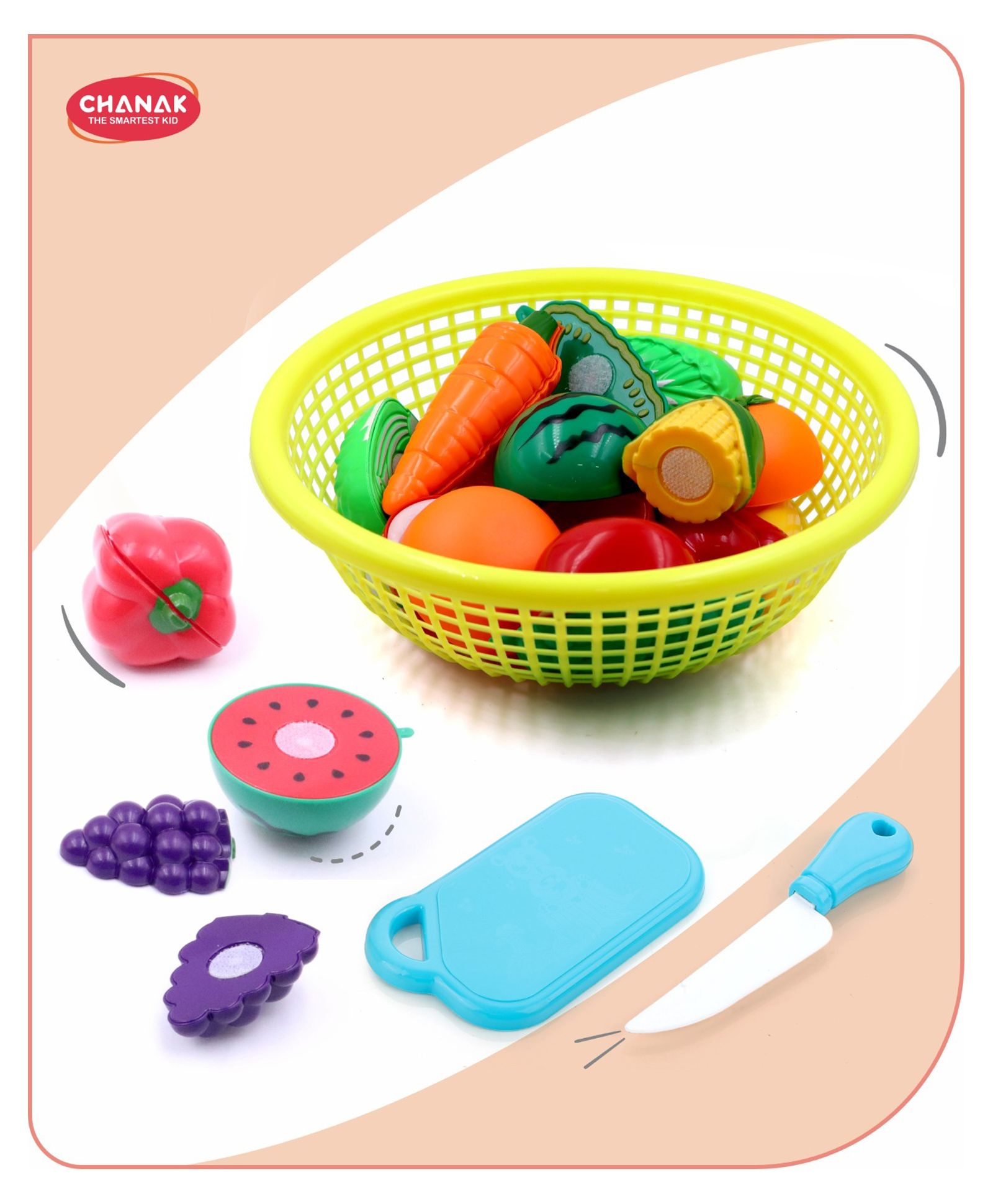 Aditi Toys Fruits and Vegetables Set in One Basket with Chopper Board & Knife for Kids, Fruit & Vegetable Combo Basket for Kids , BIS Approved (Yellow)-picture-12
