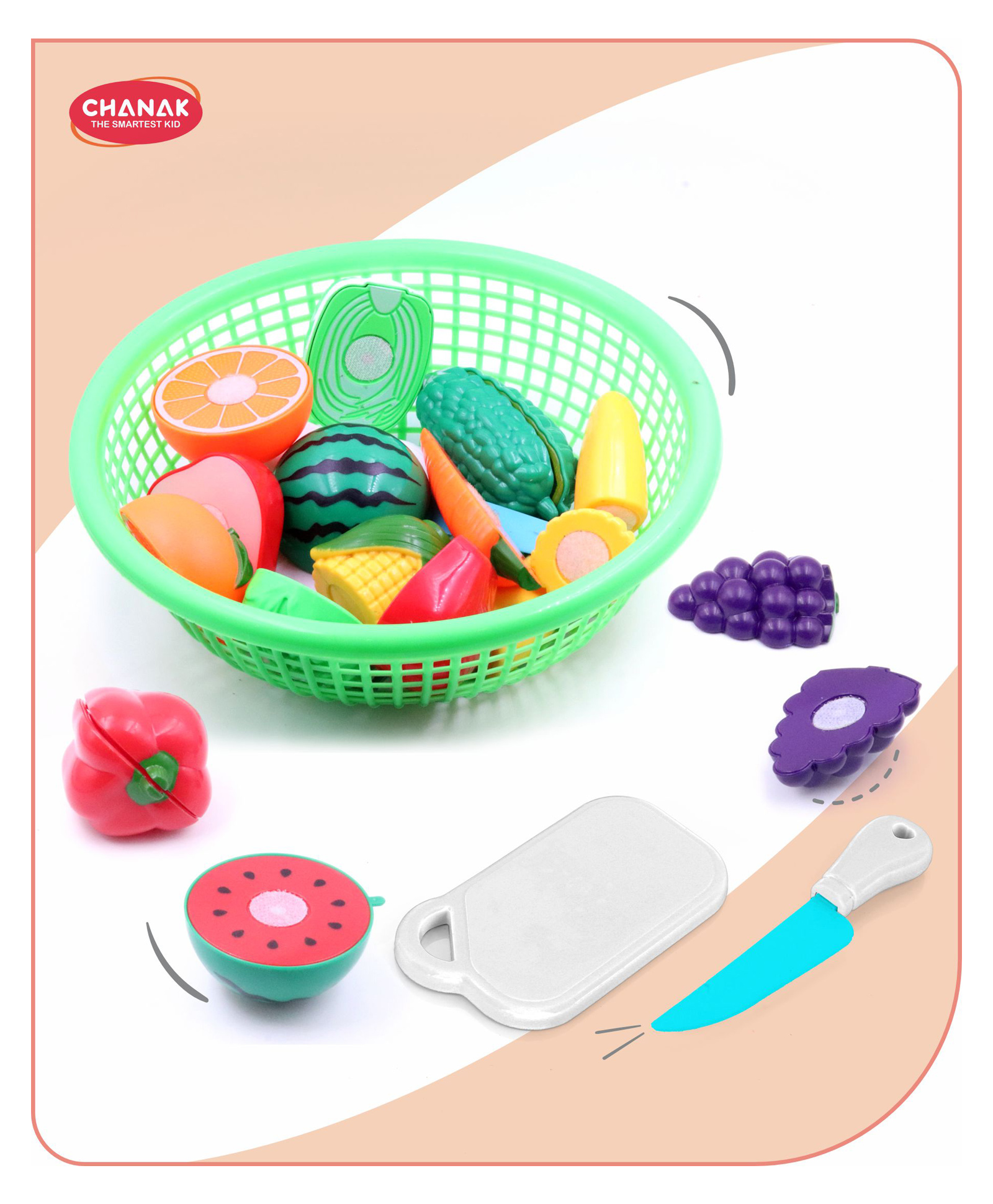 Aditi Toys Fruits and Vegetables Set in One Basket with Chopper Board & Knife for Kids, Fruit & Vegetable Combo Basket for Kids , BIS Approved (Green)-picture-11