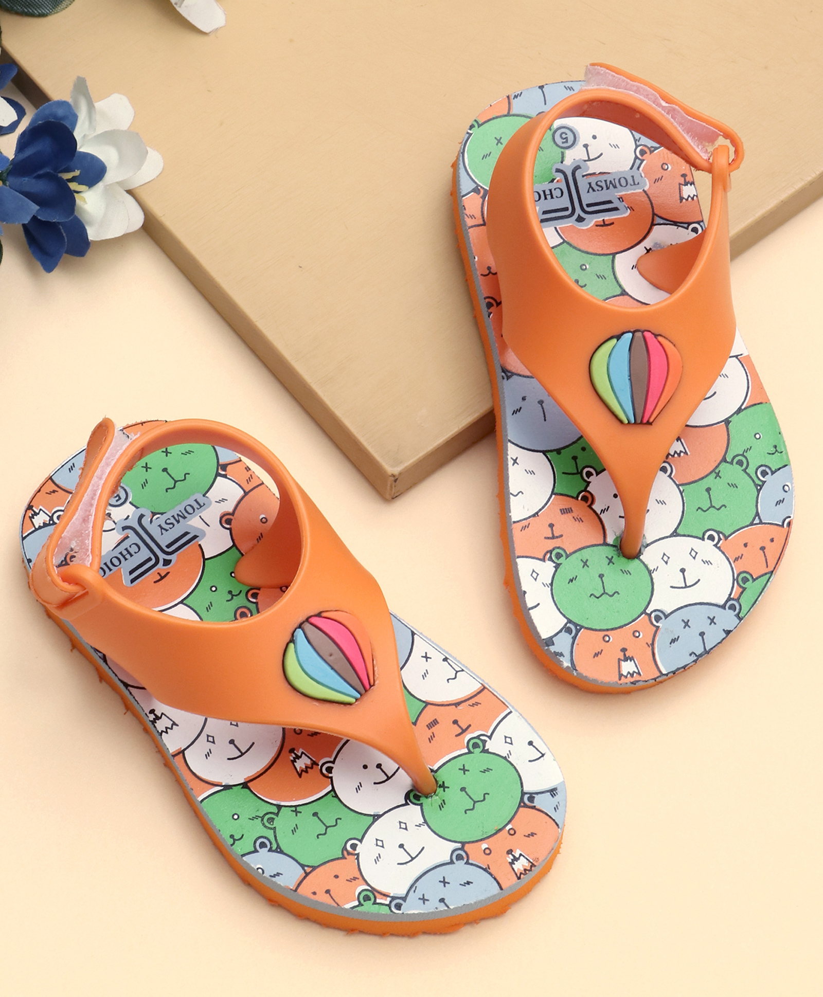 TOMSY CHOICE Teddy Bear Designed & Hot Air Balloon Applique Detailed With Velcro Closure Flip Flops - Orange-picture-24