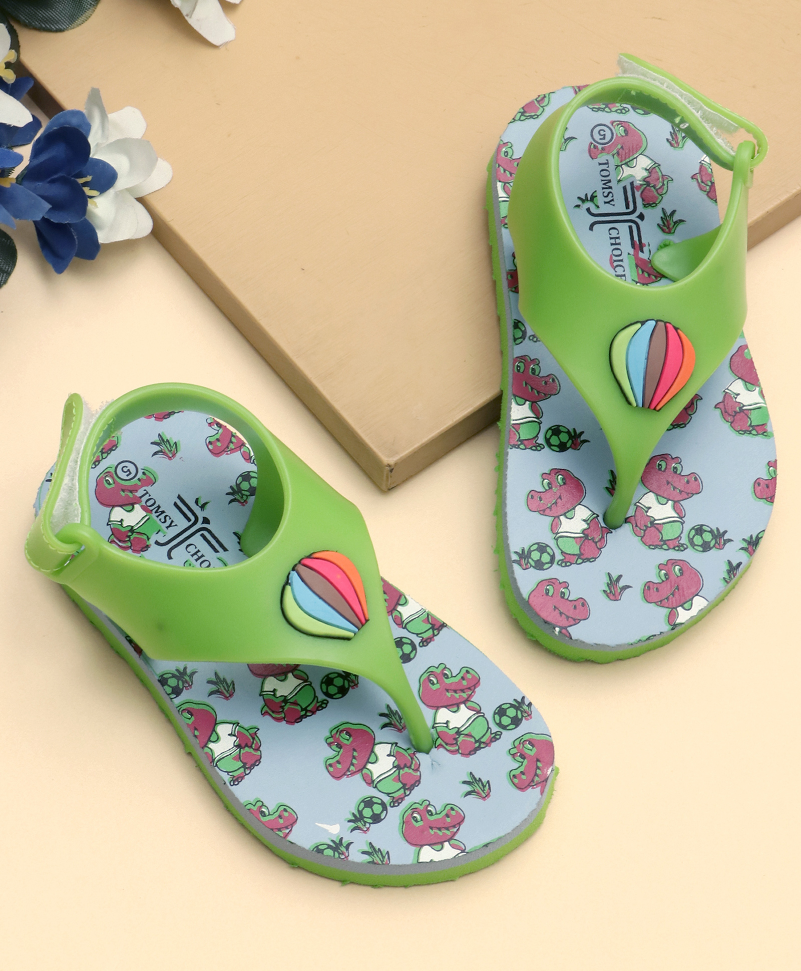TOMSY CHOICE Dinosaur Designed & Hot Air Balloon Applique Detailed With Velcro Closure Flip Flops - Green-picture-16