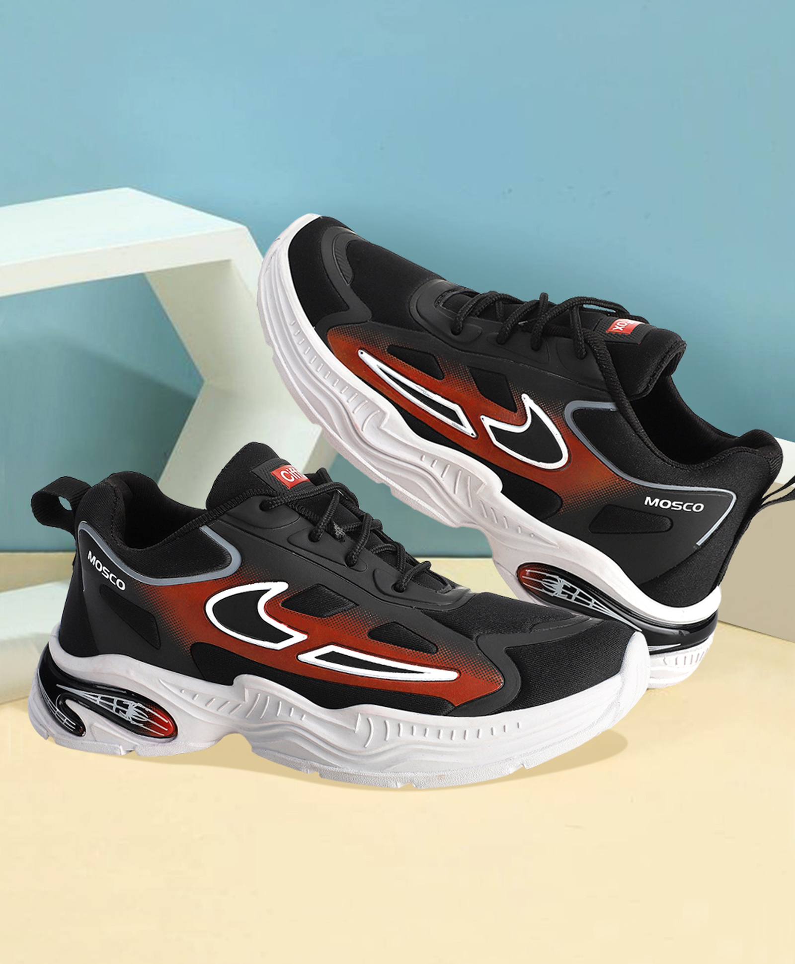 TOMSY CHOICE Colour Blocked With Air Cushion Sole & Lace Up Shoes - Black & Red-image-43
