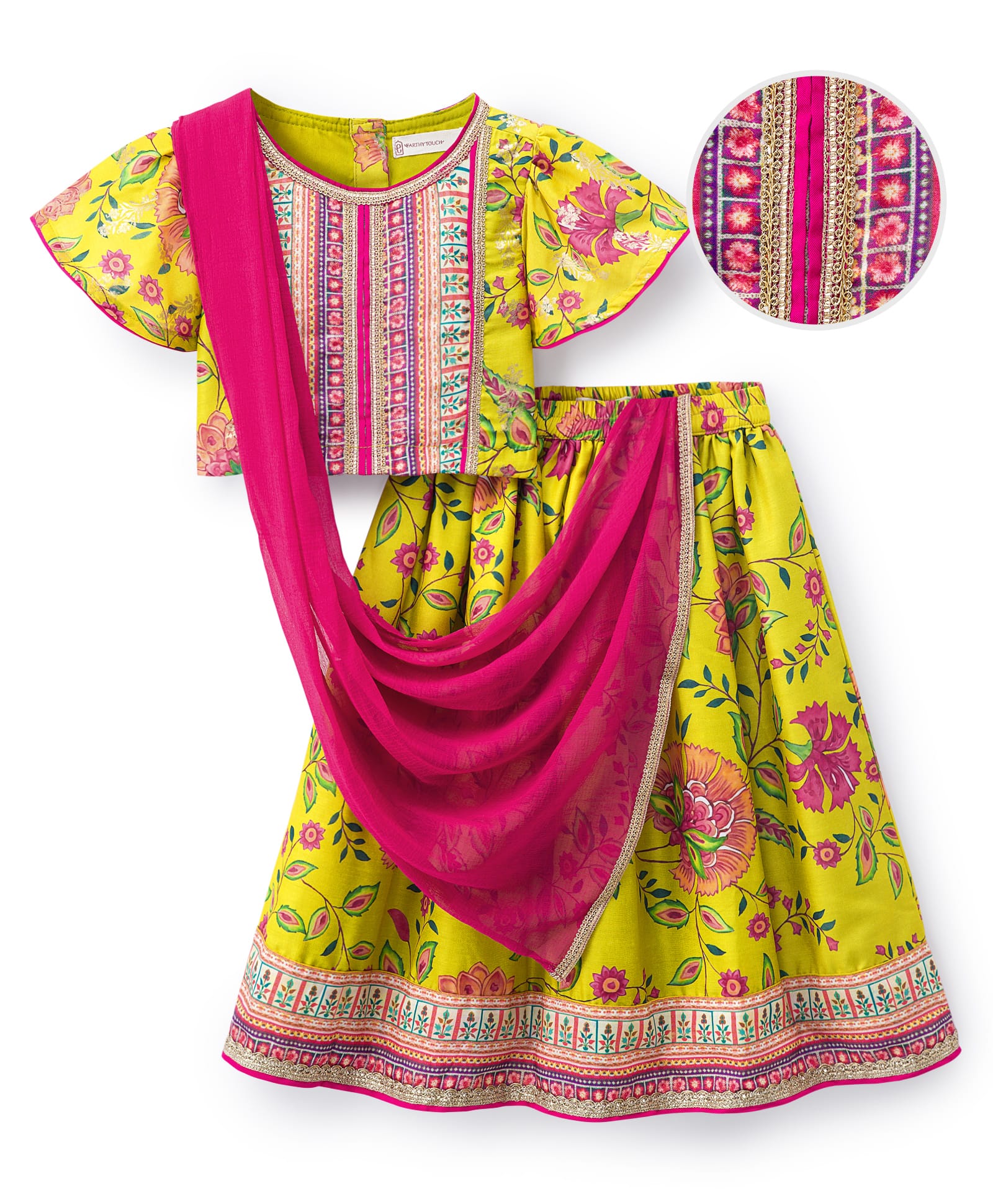 EARTHY TOUCH Woven Flutter Sleeves Choli Lehenga & Dupatta Set with Floral Print - Mustard Woven-picture-20