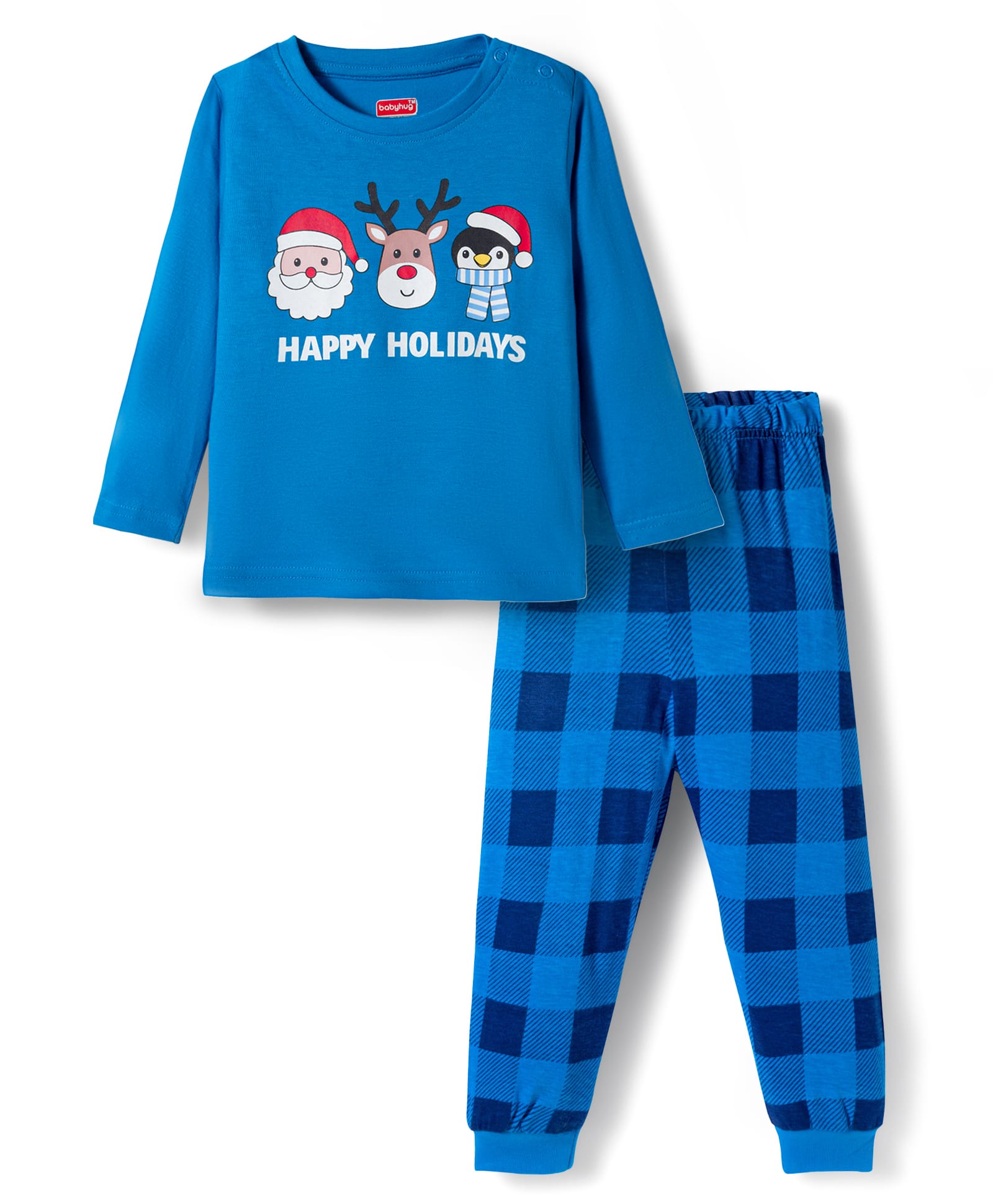 Babyhug Cotton Knit Full Sleeves Night Suit With Santa Print - Blue