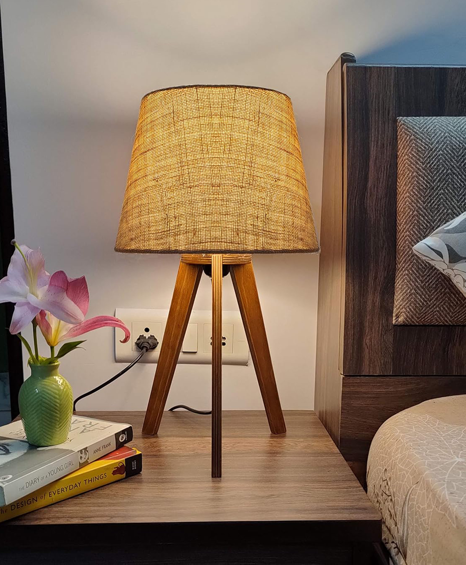 Crosscut Furniture Premium Wooden Bed Side LED Table Lamp (Brown With Jute)-image-49