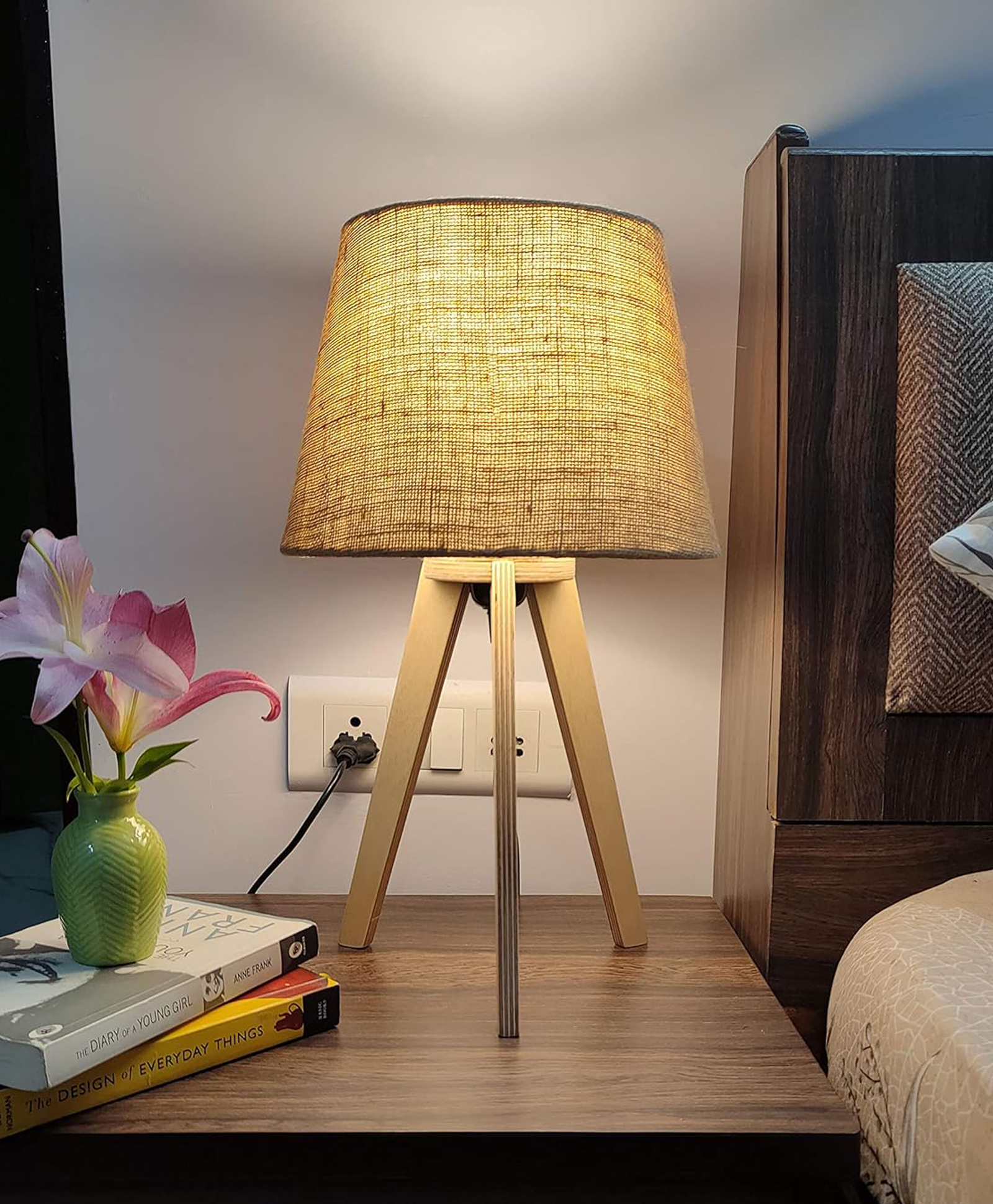 Crosscut Furniture Premium Wooden Bed Side LED Table Lamp In Natural Finish (Natural Jute)-picture-26