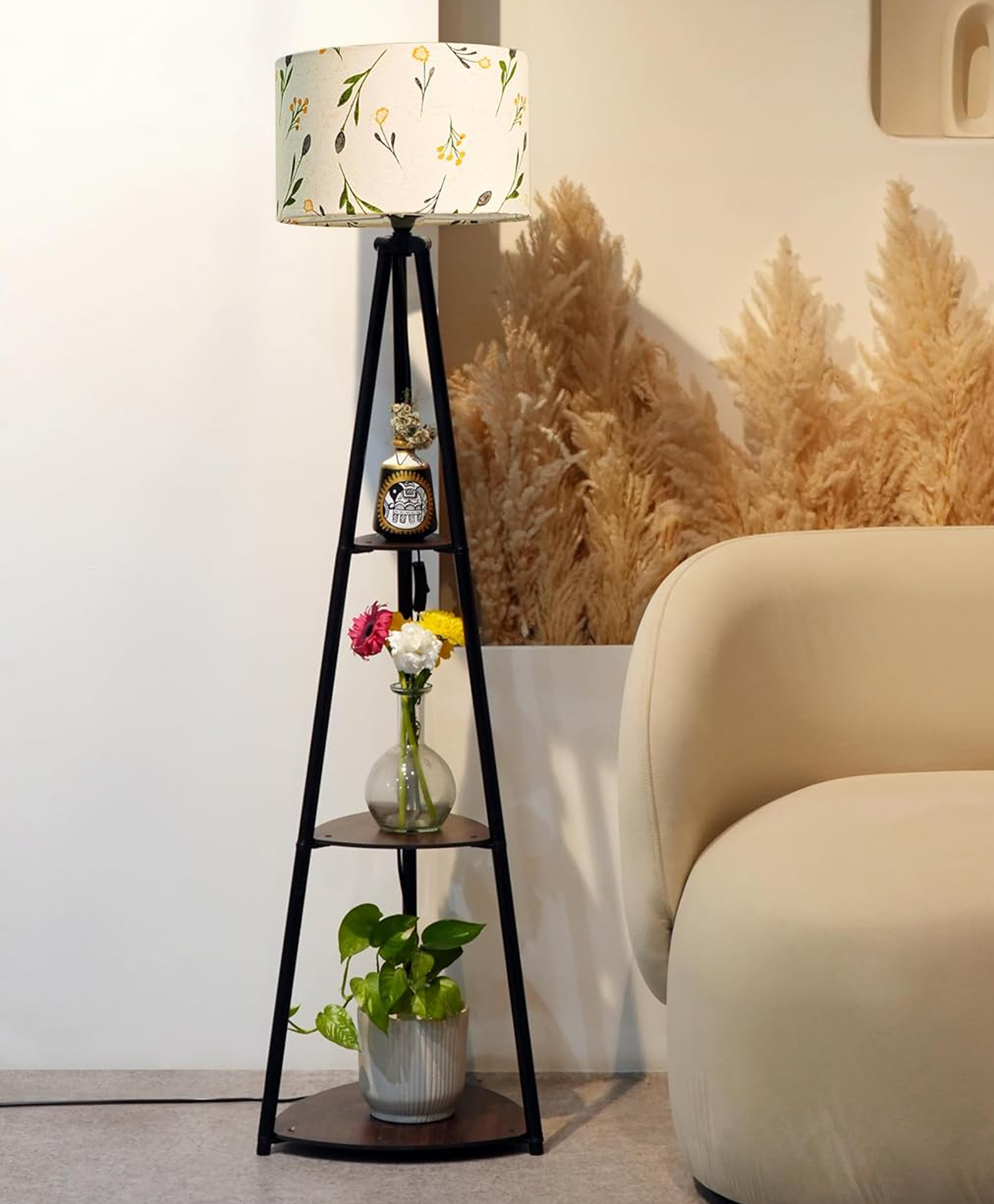 Crosscut Furniture- Printed Series Tripod Floor Lamp with 3 Shelves, LED Bulb Included (Farm Petal)