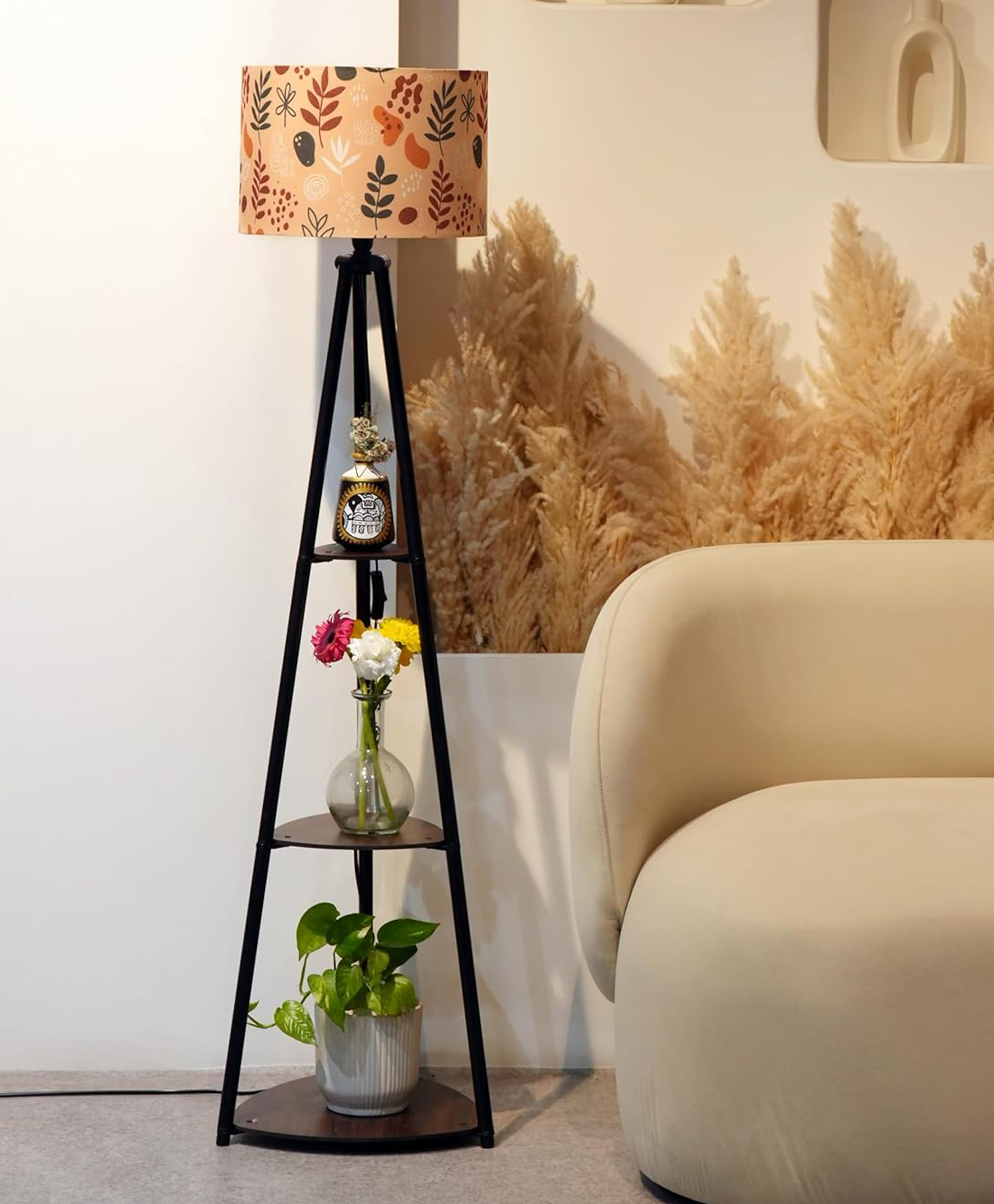 Crosscut Furniture- Printed Series Tripod Floor Lamp with 3 Shelves, LED Bulb Included (Boho Seed)-picture-18
