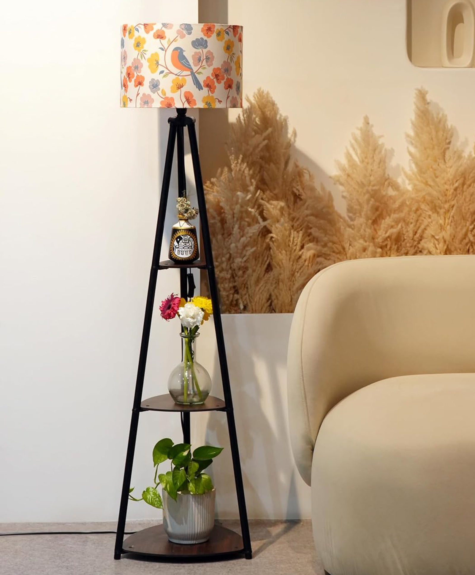 Crosscut Furniture- Printed Series Tripod Floor Lamp with 3 Shelves, LED Bulb Included (Retro Robin)-picture-15