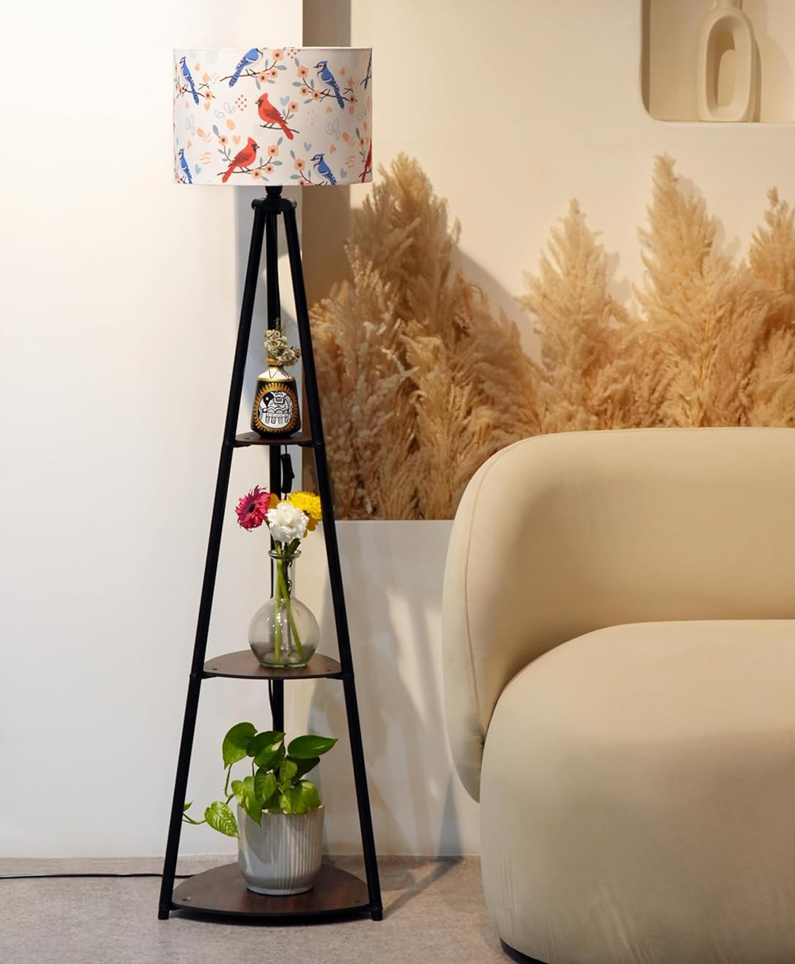 Crosscut Furniture- Printed Series Tripod Floor Lamp with 3 Shelves, LED Bulb Included (Springtime)-picture-16