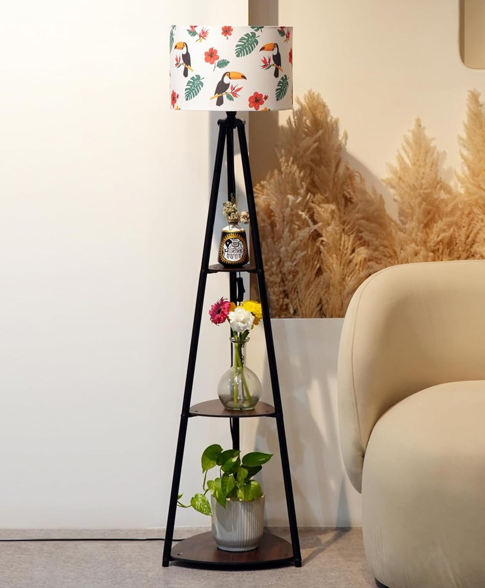Crosscut Furniture- Printed Series Tripod Floor Lamp with 3 Shelves, LED Bulb Included (Rainforest Red)-picture-23