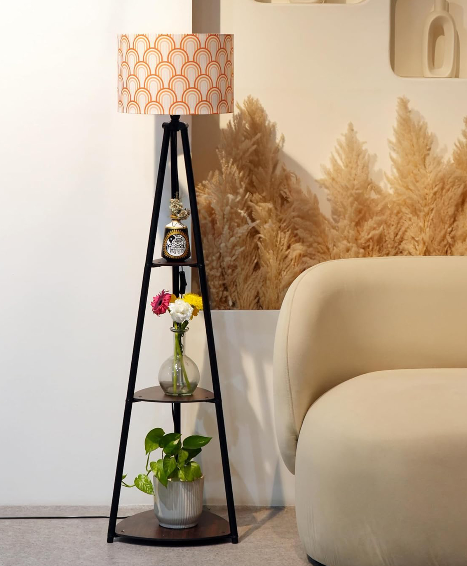 Crosscut Furniture- Printed Series Tripod Floor Lamp with 3 Shelves, LED Bulb Included (Happy Hills)-picture-13
