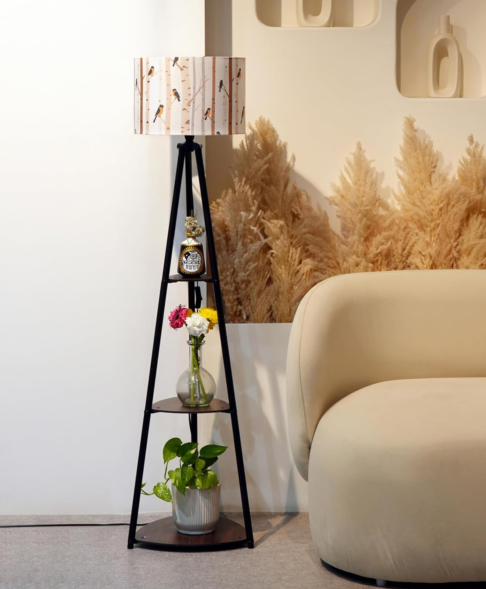 Crosscut Furniture- Printed Series Tripod Floor Lamp with 3 Shelves, LED Bulb Included (Birdsong)-picture-17