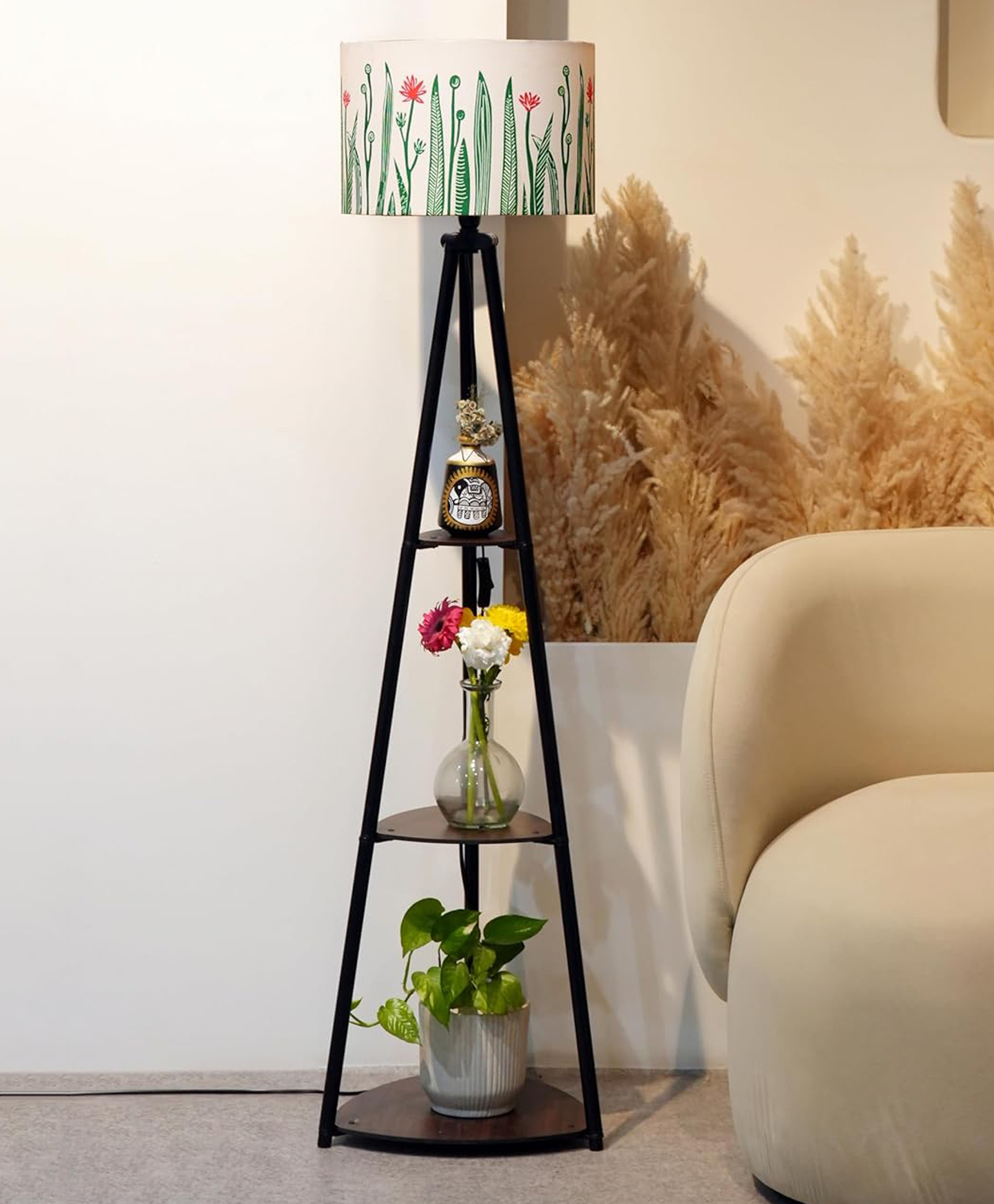 Crosscut Furniture- Printed Series Tripod Floor Lamp with 3 Shelves, LED Bulb Included (Garden Grass)-picture-14