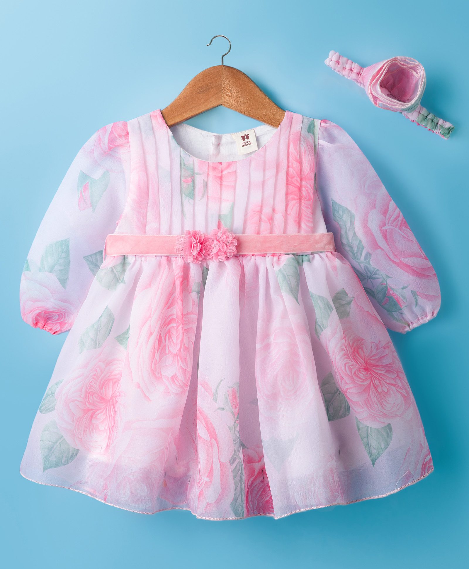 ToffyHouse Knit Full Sleeves Party Dress With Floral Print Headband - Pink-picture-46
