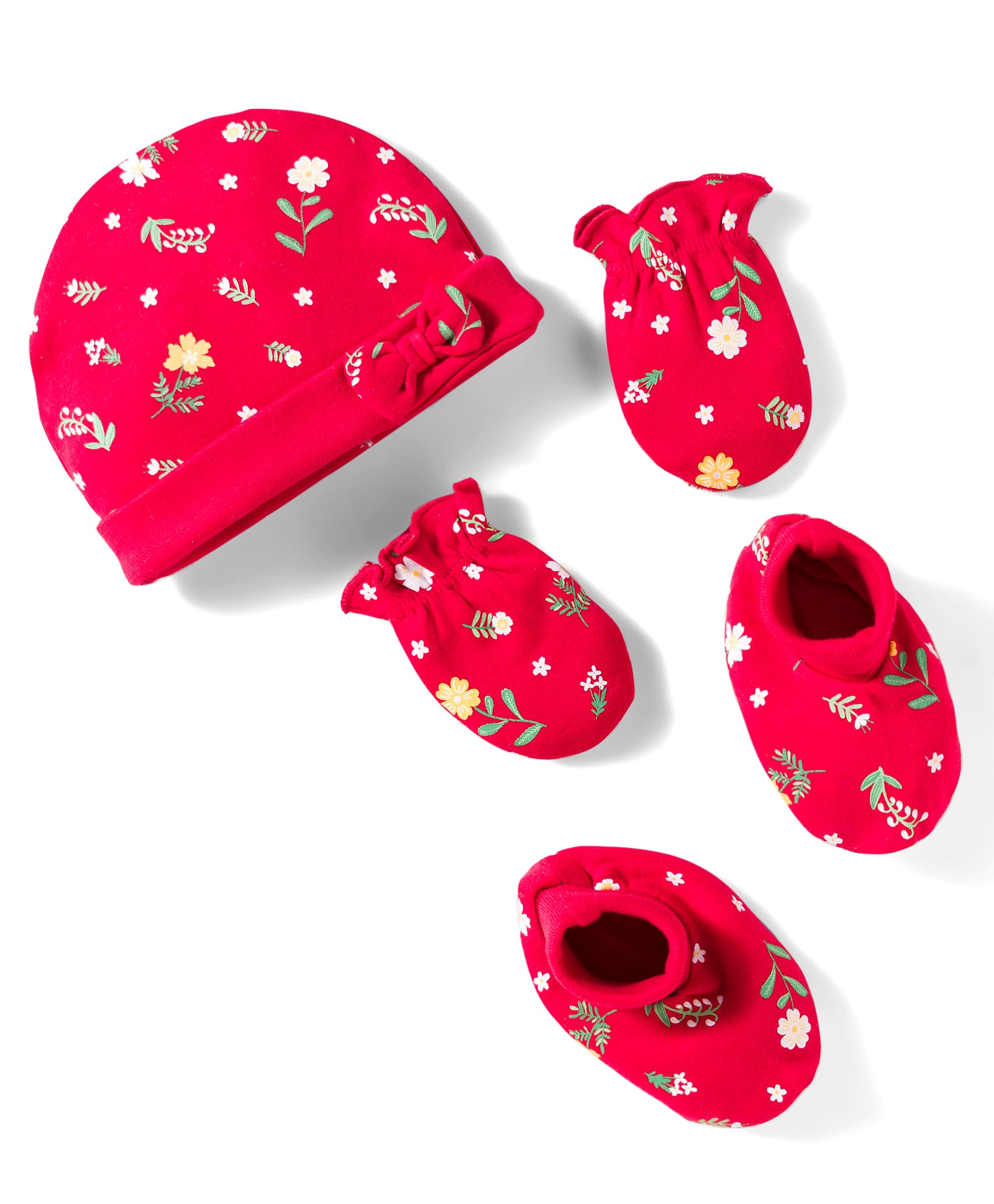Babyhug 100% Cotton Knit Cap Mittens & Booties With Floral Print Red - Diameter 14.5 cm