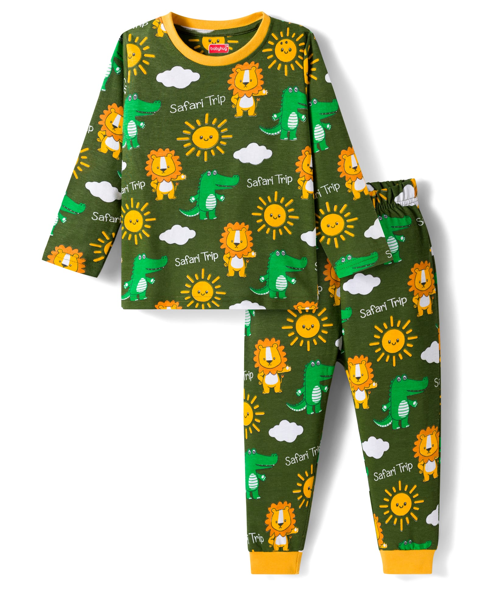 Babyhug Cotton Knit Full Sleeves Co-Ord Night Suit with Animal Print - Green-image-26