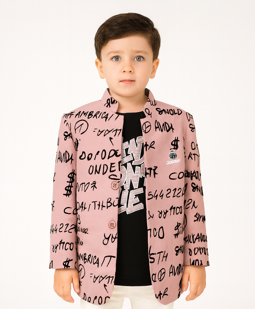 Dapper Dudes Full Sleeves Typography Printed Blazer With Tee Set - Pink-image-16
