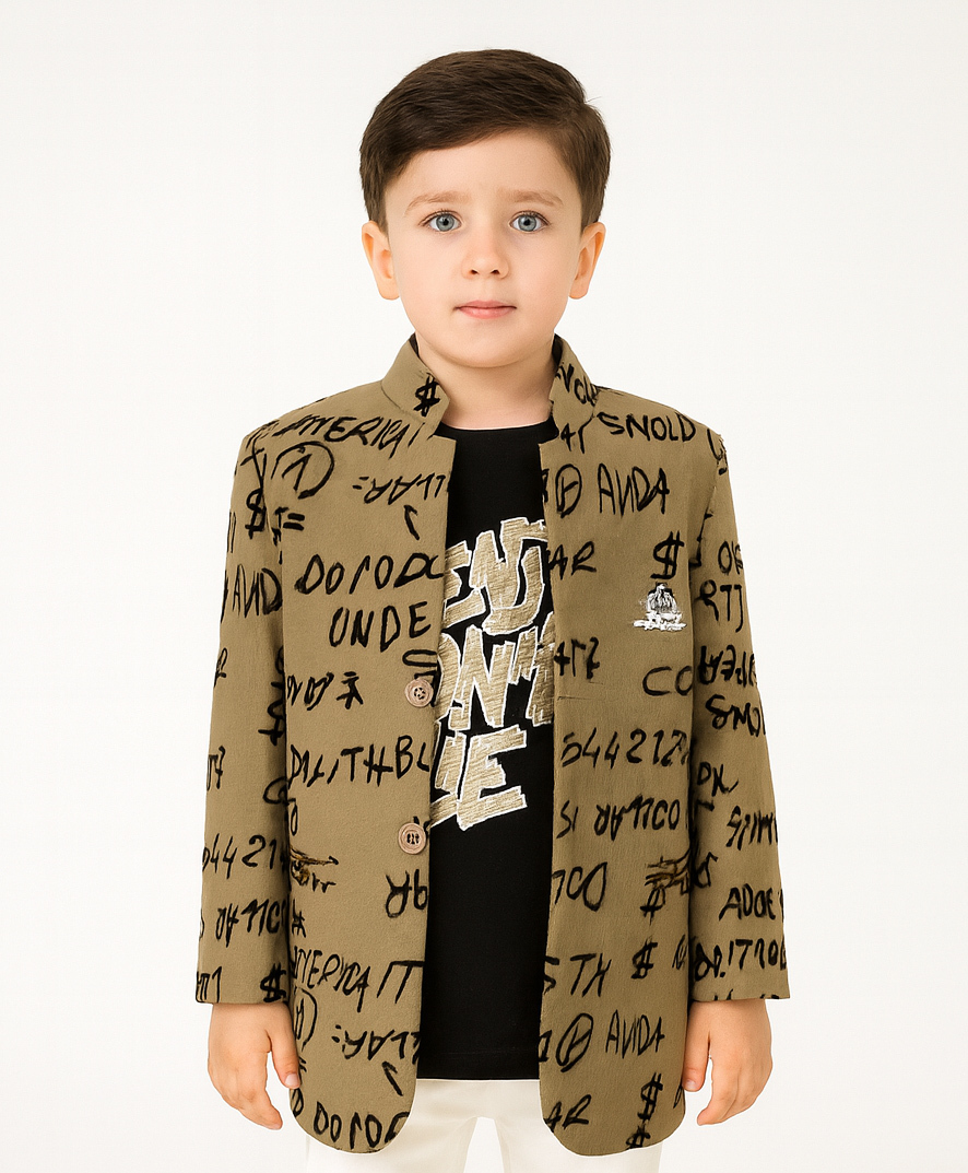 Dapper Dudes Full Sleeves Typography Printed Blazer With Tee Set - Olive Green-picture-28