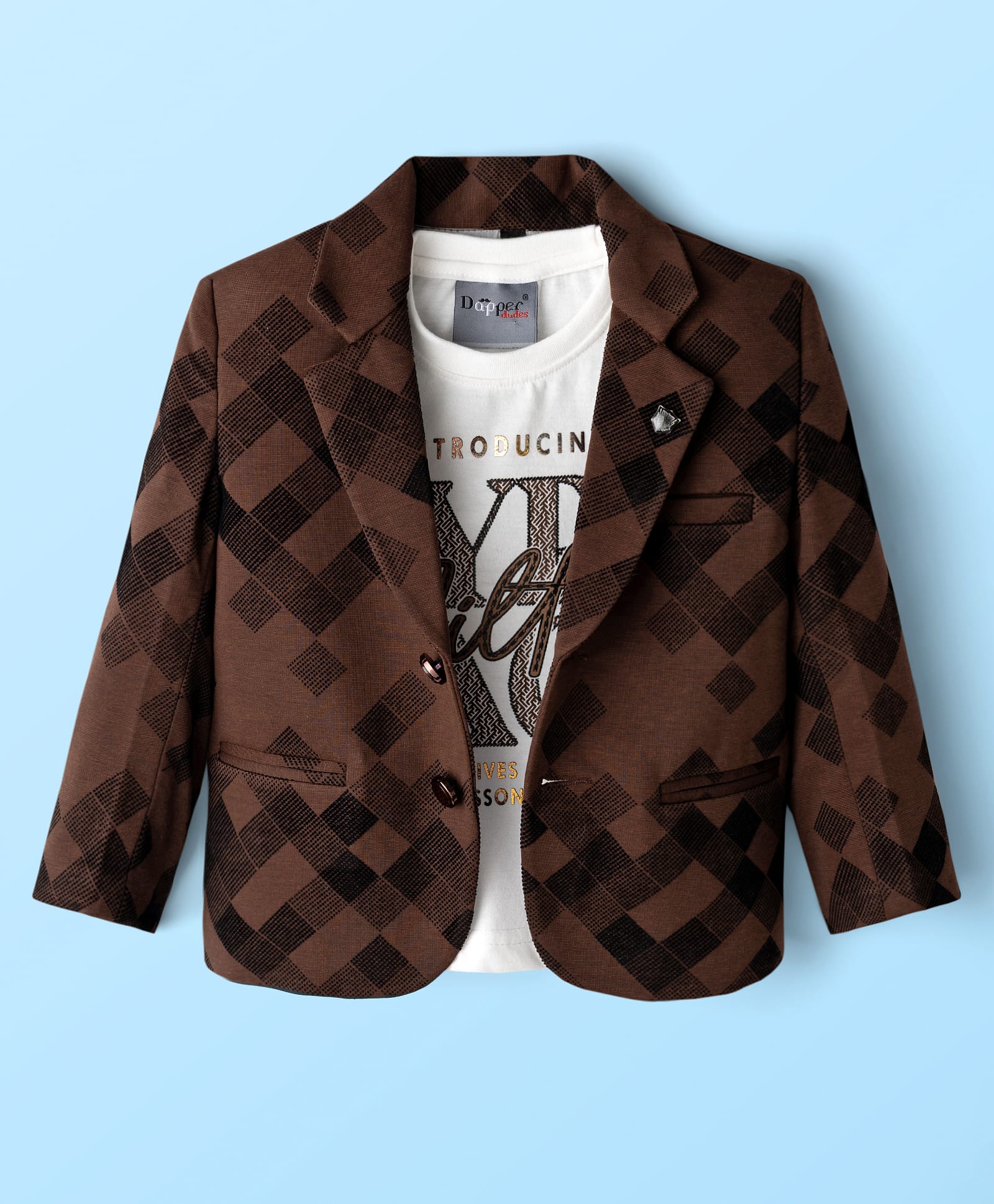 Dapper Dudes Full Sleeves Self Checked Jacket With Typography Printed Tee Set - Brown-image-26