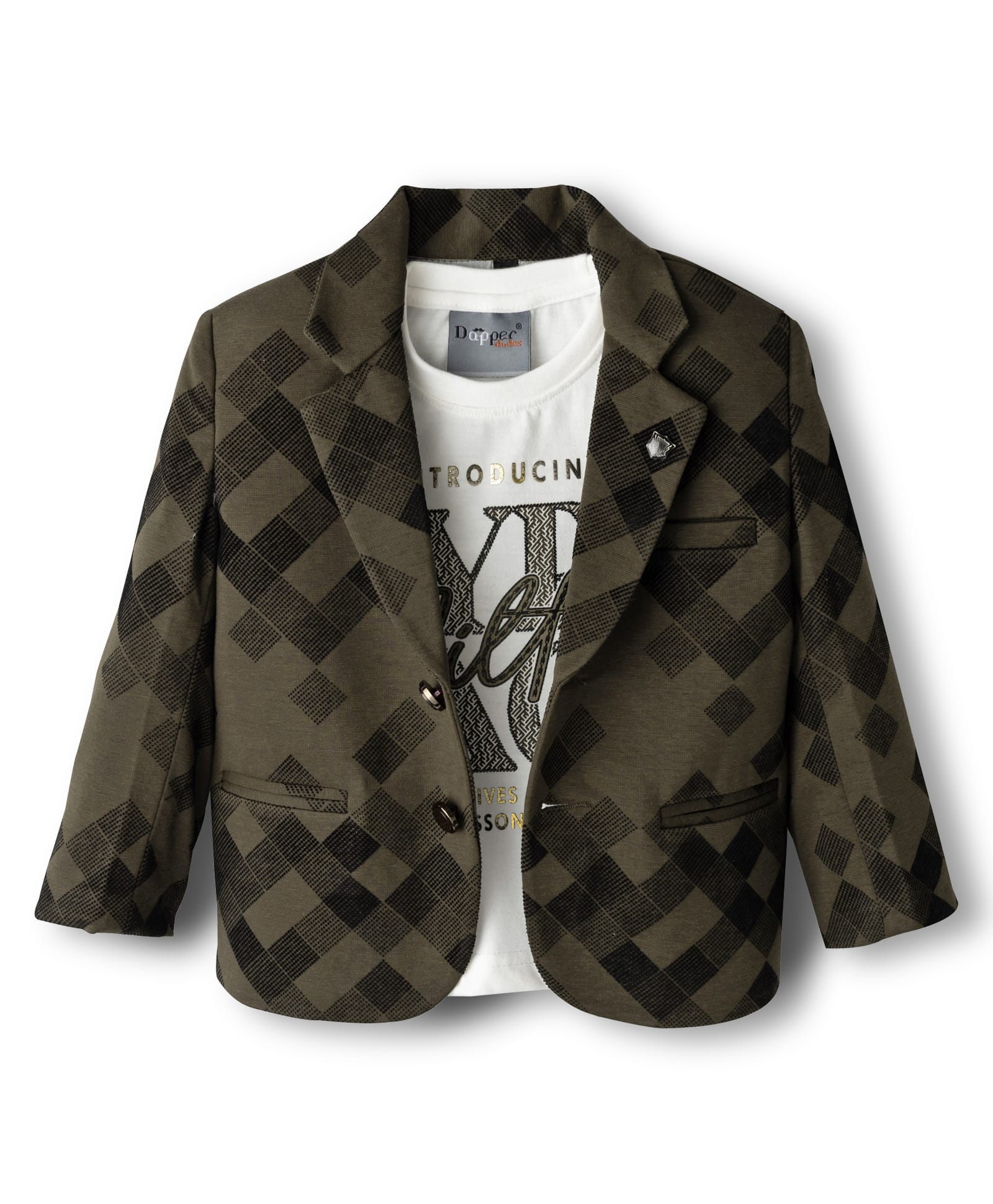 Dapper Dudes Full Sleeves Self Checked Jacket With Typography Printed Tee Set - Olive Green-image-25