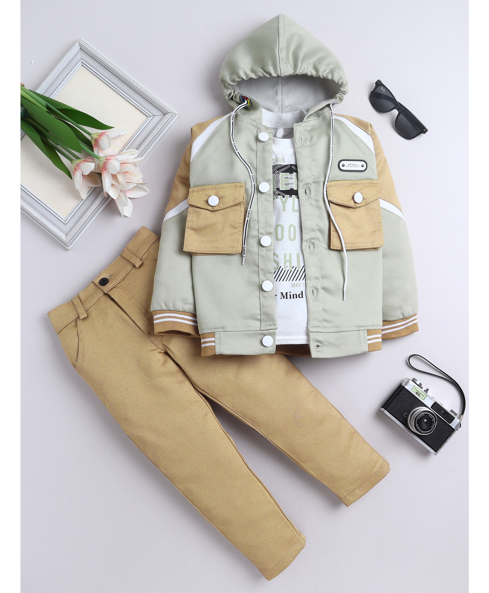 Fourfolds Cotton Blend Woven Trendy Style Text Printed Tee & Trousers With Full Sleeves Hooded Jacket Set - Light Green-picture-10