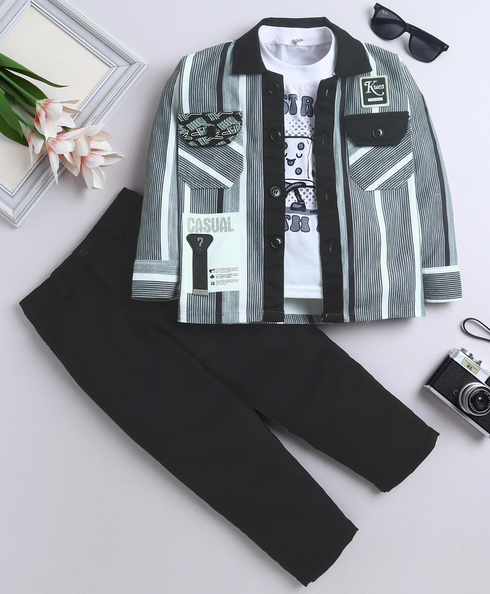 Fourfolds Cotton Blend Woven Full Sleeves Striped Shirt & Trousers With Tee Set - Black-picture-26
