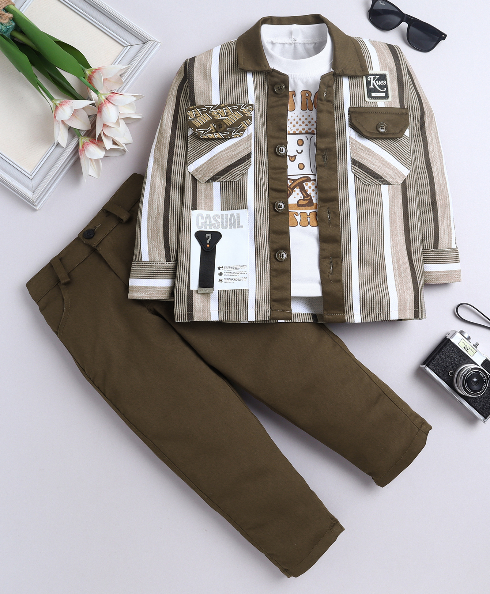 Fourfolds Cotton Blend Woven Full Sleeves Striped Shirt & Trousers With Tee Set - Olive Green-picture-22
