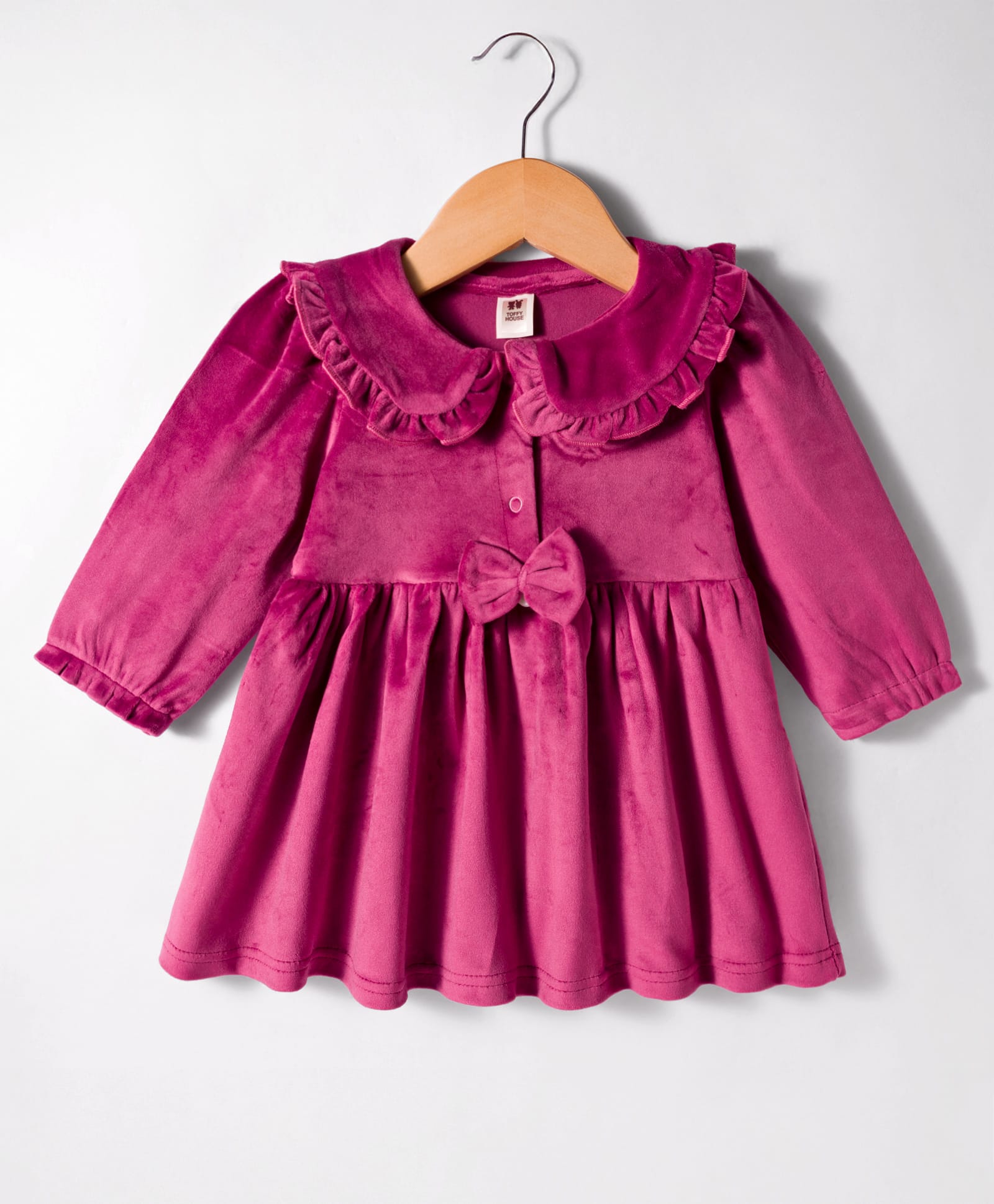 ToffyHouse Knitted Full Sleeves Dress with Peter Pan Collar & Bow Applique - Dark Pink-picture-23