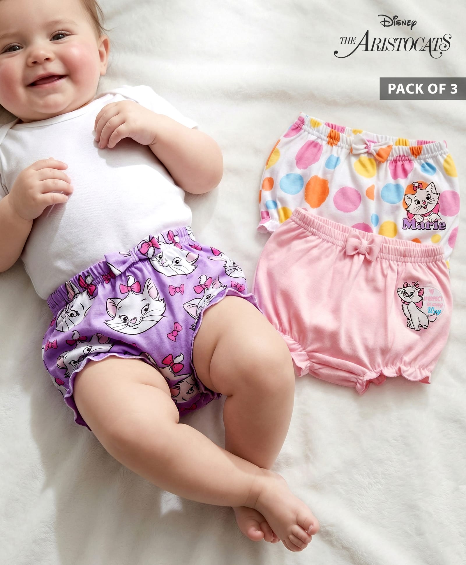 Babyhug Disney Lycra Knit Bloomer with Marie Graphic & Bow Applique Pack of 3 - Lilac White & Pink-picture-19