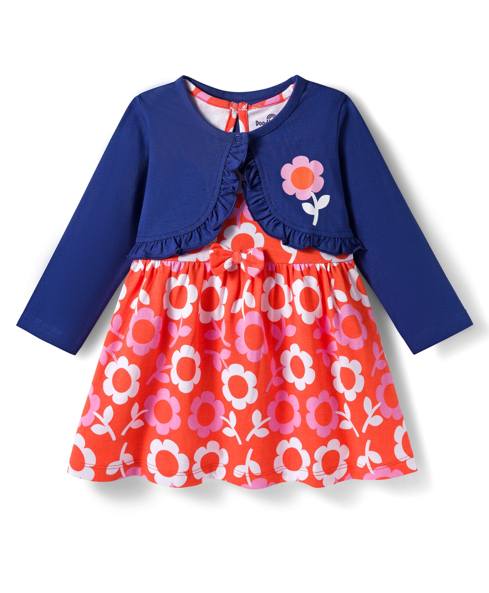 Doodle Poodle 100% Cotton Knit Floral Printed Frock with Full Sleeves Shrug - Navy Blue & Red-image-19