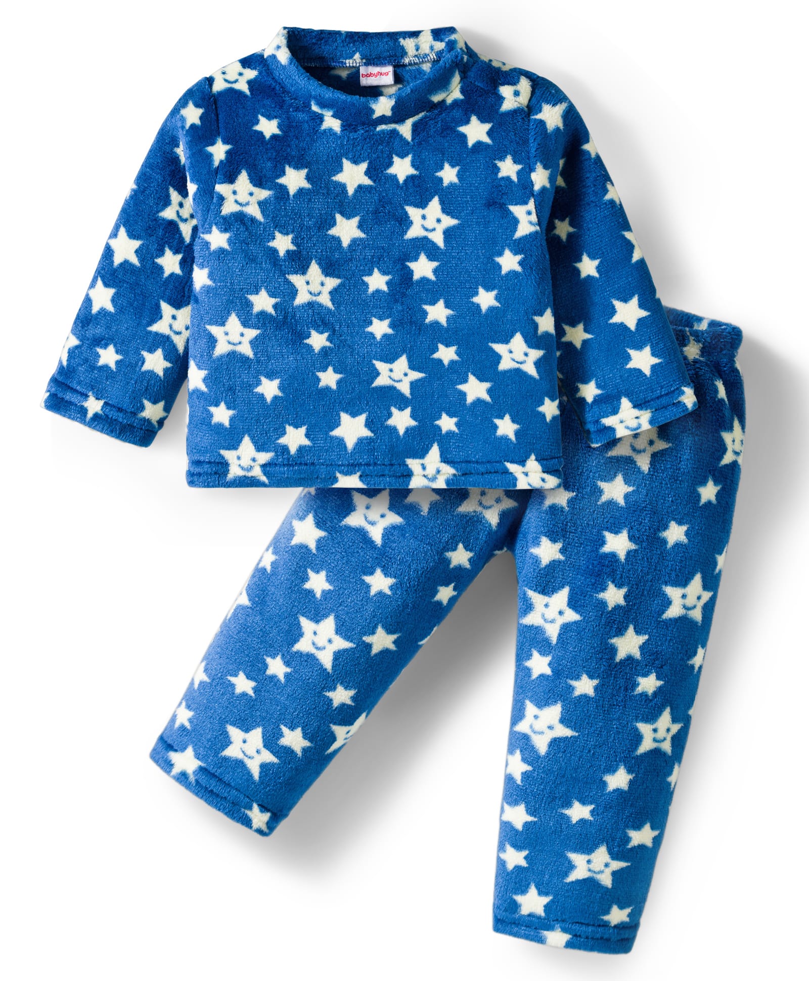 Babyhug Velour Knit Full Sleeves Winter Wear Co-ords Night Suit With Star Print - Navy Blue