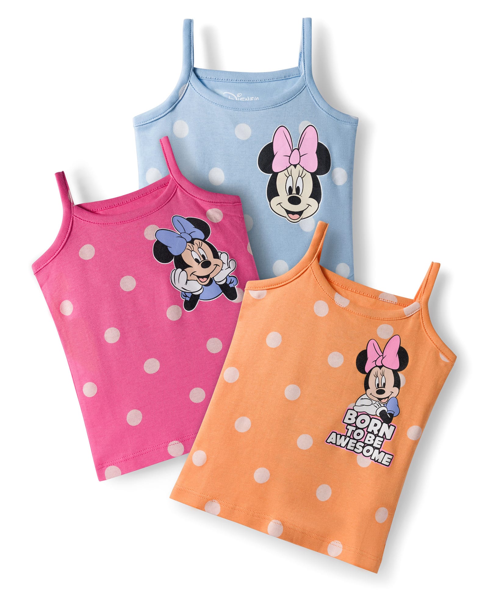 Babyhug Disney Lycra Knit Sleeveless Slips with Minnie Mouse Graphic & Polka Dot Pack of 3 - Light Blue Orange & Dark Pink-image-49
