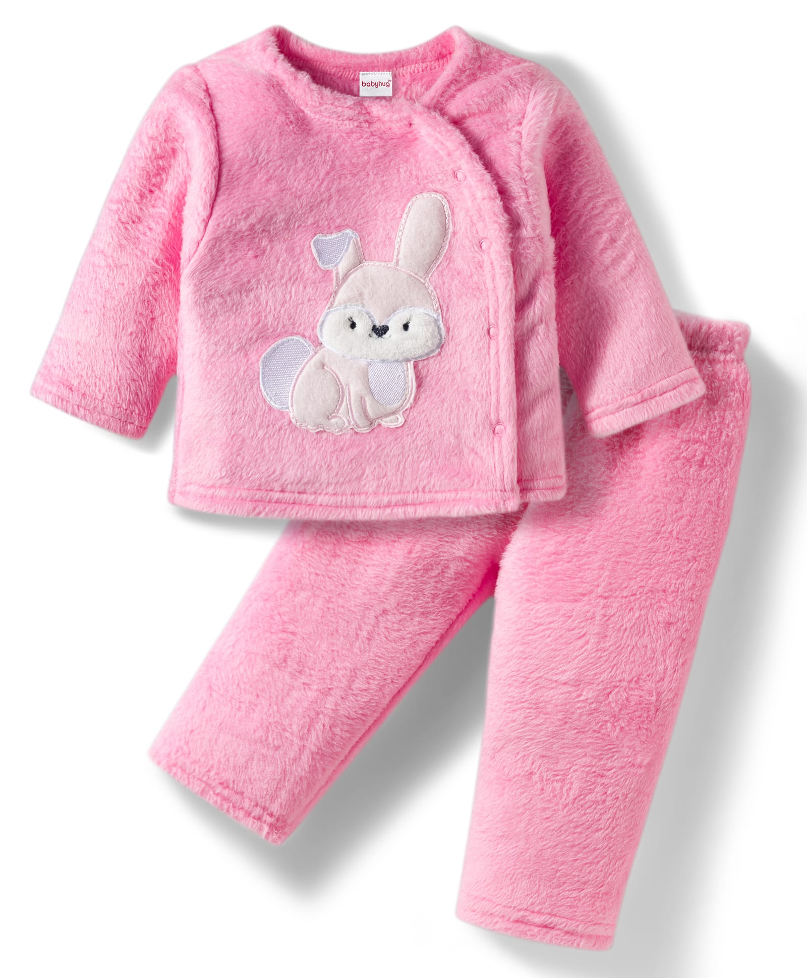 Babyhug Velour Knit Full Sleeves Winter Night Suit with Rabbit Embroidery - Pink-image-13