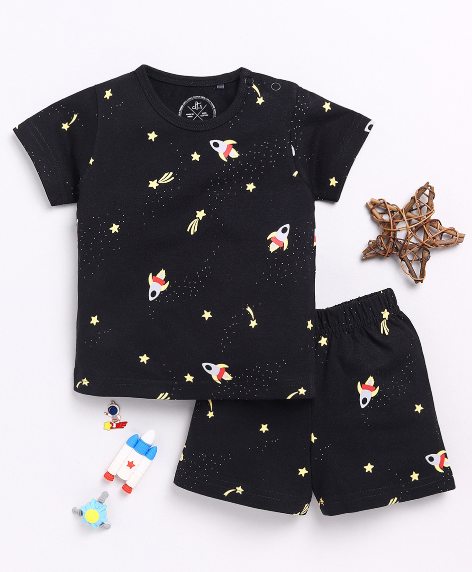 Clt.s Cotton Knit Half Sleeves Space Theme Coordinating Night Suit Set - Black-image-35