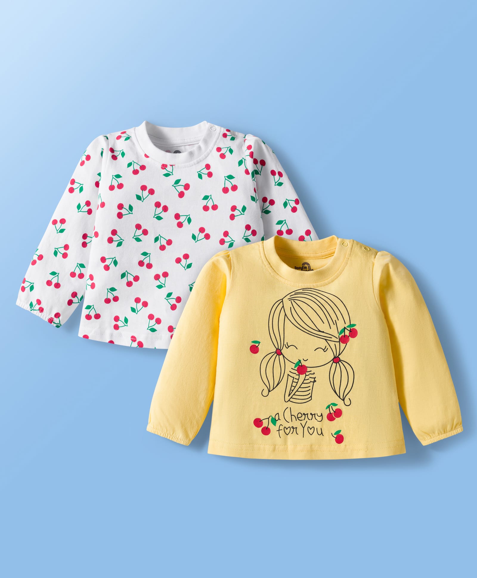 Doodle Poodle 100% Cotton Knit Full Sleeves Top with Tropical Print Pack of 2 - Gold Finch Yellow & Bright White-image-14