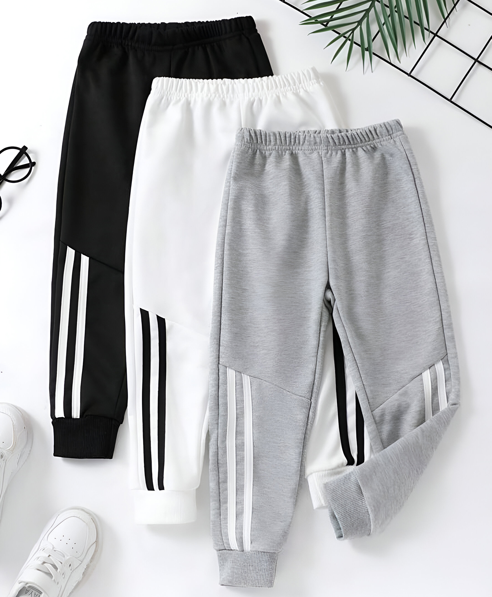 Googo Gaaga Cotton Knit Pack Of 3 Tape Detailed Joggers - Grey White & Black-image-43