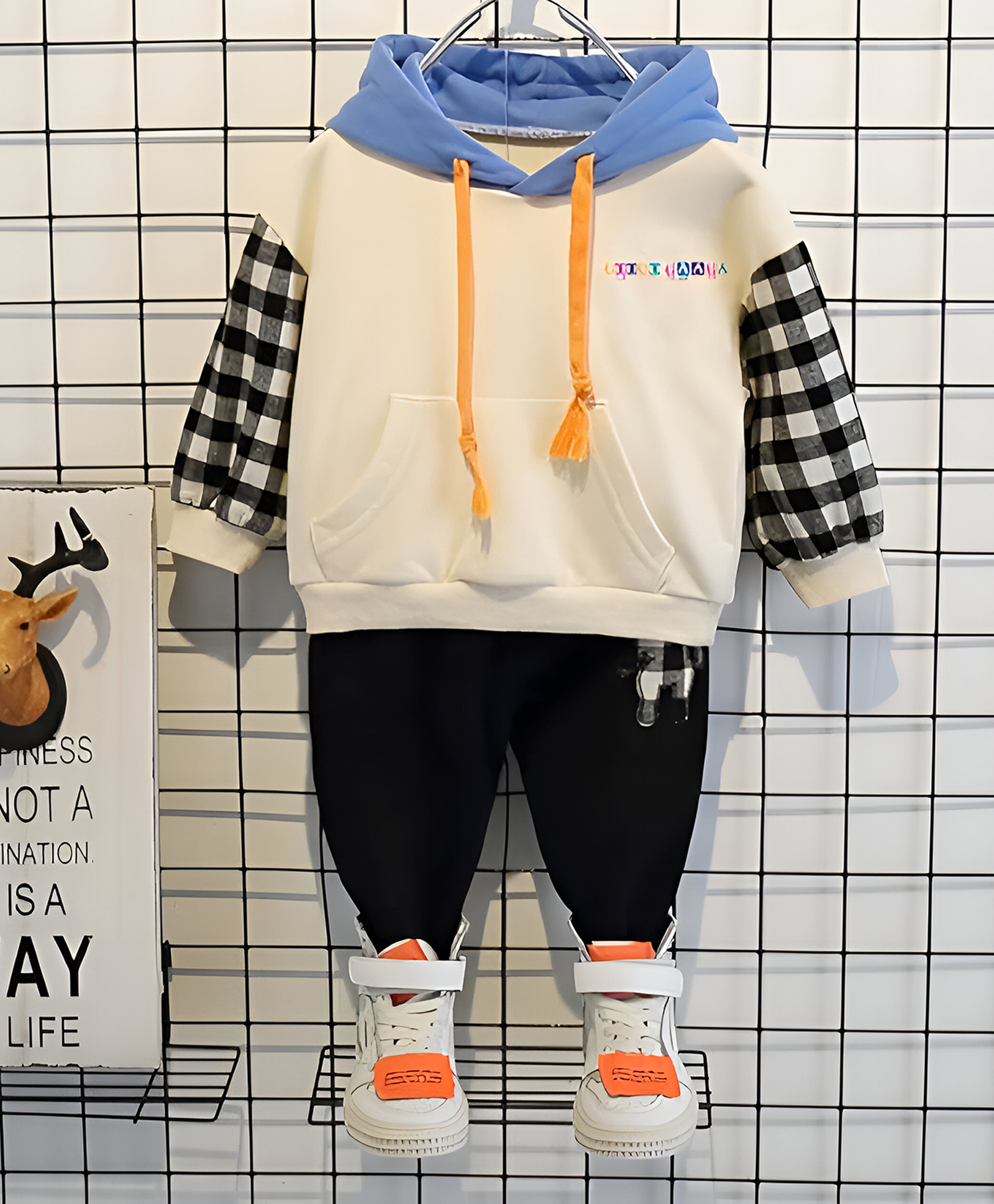 Googo Gaaga Cotton Knit Full Doctor Sleeves Colour Blocked Hooded Sweatshirt With Joggers Set - Cream-image-26