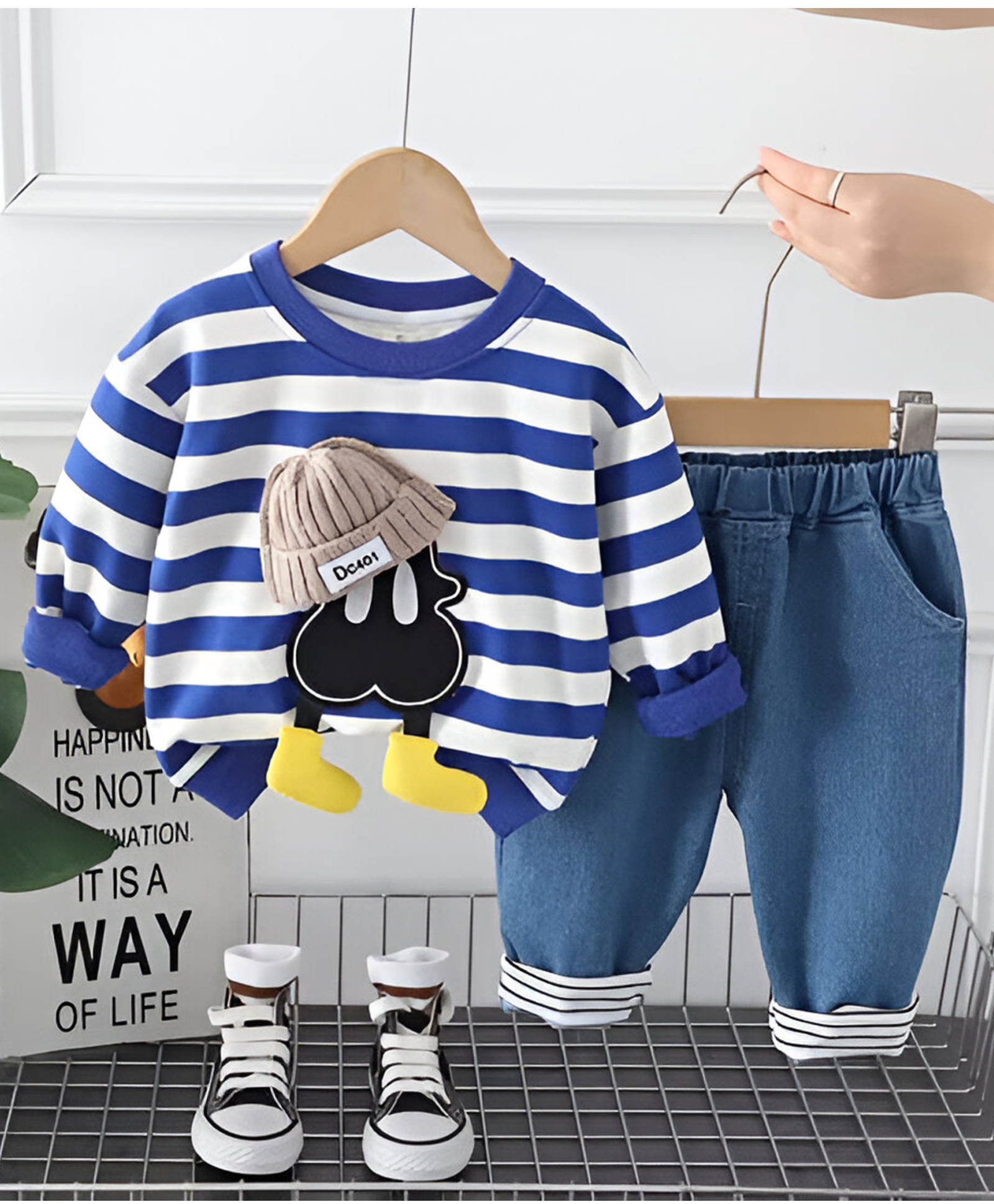 Googo Gaaga Cotton Knit Full Sleeves Striped & Abstract Applique Detailed Sweatshirt With Denim Pant Set - Blue