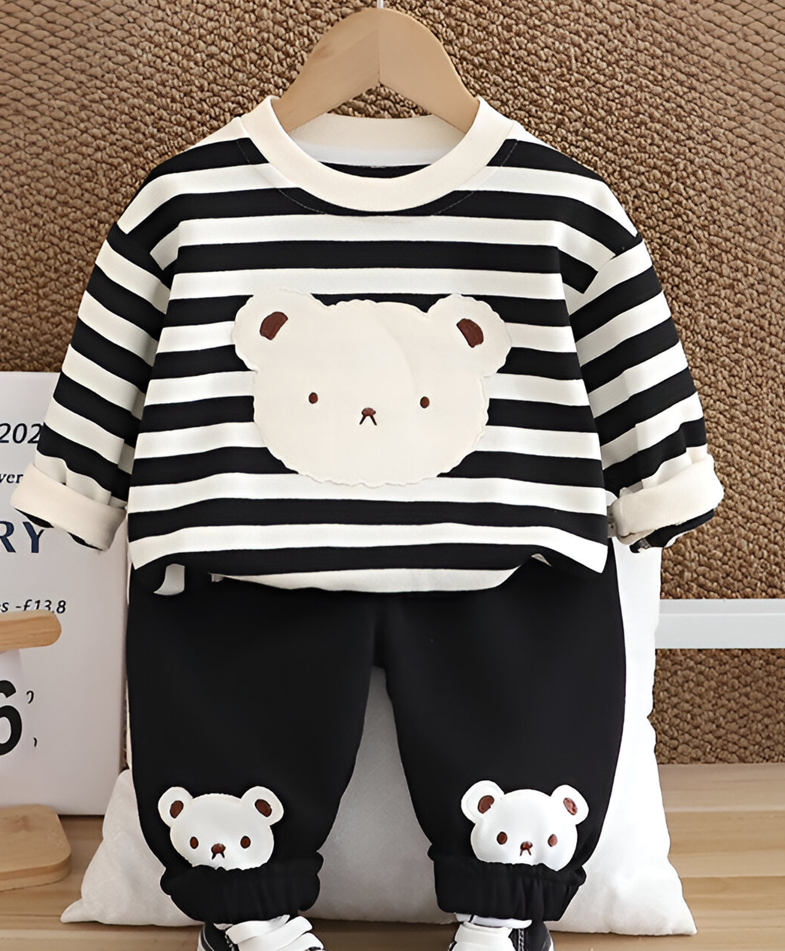 Googo Gaaga Cotton Knit Full Sleeves Striped & Teddy Bear Patch Embroidered Sweatshirt With Joggers Set - Black